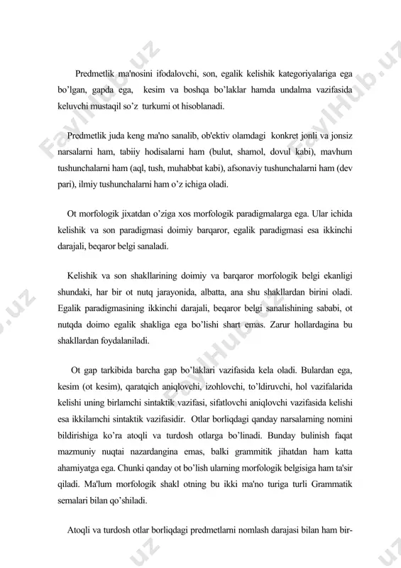 ng umumiy nomi sifatida birlamchi nom hisoblanadi. shuning uchun ham turdosh otlarning moddiy (shakliy) tomoni bilan borlikdaga “predmetlik” ma'nosi o’rtasidagi uzviy bog’lanish til egasi ongida qat'y o’rin oladi. masalan, t-o-l tovush qatori barqaror holda «ko’p yillik mevasiz, tarvaqaylab o’suvchi daraxt» ma’nosi bilan uzviy bog’langan. bu tovush kompleksini eshitgan har bir til egasi uni shu predmet bilan bog’lay oladi. atoqli otlar esa bir marta nomlangan predmetlardan bittasini ajratish uchun qayta nomlangan ikkilamchi nomlardir. atoqli otlar borliqdagi nimalarning xususiylashtirilgan nomi ekanligi nuqtai nazaridan quyidagi guruhlarga bo’linadi 1) antroponimlar – shaxslarga qo’yilgan nomlar; 2) zoonimlar – hayvonlarga qo’yilgan nomlar; 3) toponimlar – geografik obe’kt nomlari; 4) astronomimlar – osmon jismlari nomlari; 5) kosmonimlar – kosmik maydon nomlari; 6) teonimlar - olloh va ilohiy tushunchalarni bildiruvchi atoqli otlar; 7) xrematonimlar - madaniy buyum nomlari; 8) fitonimlar – o’simlik nomlari; 9) anemonimlar - tabiiy ofat nomlari; 10) xrononimlar - vaqt nomlari: temuriylar davri, «navro’z bayrami. …