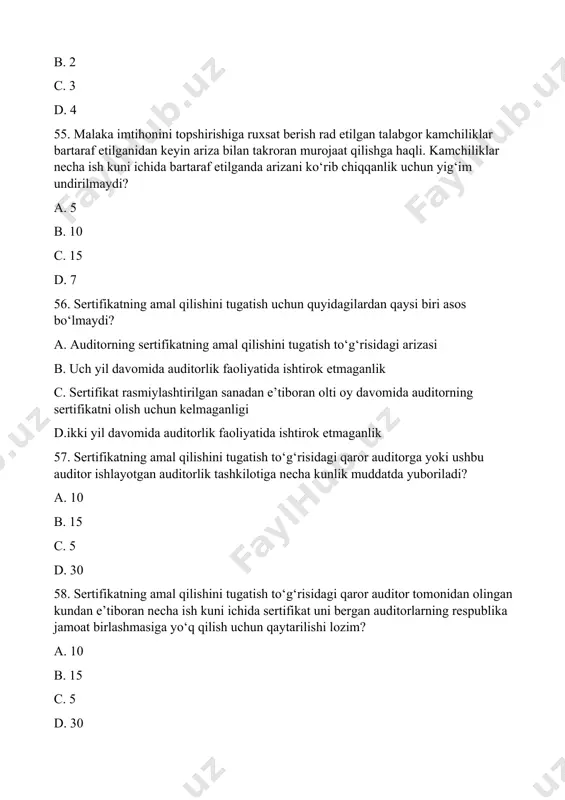amida necha nafar auditordan iborat bo‘ladi? a. 4 b. 5 c. 10 d. 8 60. auditorlik tashkilotining ustav fondi (ustav kapitali) auditorlik tashkiloti o‘z faoliyatini amalga oshirishda bevosita nimalardan shakllantiriladi? a. foydalanadigan mol-mulkdan, shu jumladan pul mablag‘laridan b. foydalanadigan mol-mulkdan, shu jumladan kreditlar c. pul mablag‘laridan, shu jumladan kreditlar d. pul mablag‘laridan 61. ustav fondidagi (ustav kapitalidagi) auditorlarga (auditorga) tegishli bo‘lgan ulush kamida necha foizni tashkil etishi kerak (bundan auditorlik tashkiloti — chet el auditorlik tashkilotining filiali yoki shu’ba xo‘jalik jamiyati tashkil etilgan hollar mustasno)? a. 50 % b. 51% c. 60% d. 61% 62. auditorlik tashkiloti boshqa qaysi tashkilotining muassisi (ishtirokchisi) bo‘lishi mumkin emas? a. tijorat bank b. auditorlarning respublika jamoat birlashmalari c. auditorlik tashkilotini d. b va c javoblar 63. auditorlik tashkilotining filiali tashkil etilganda filial rahbari kim bo‘lishi kerak? a. banker b. buxgalter c. auditor yordamchisi d. auditor 64. auditorlik tashkilotining firma nomida qanday so‘z birikmasi bo‘lishi …