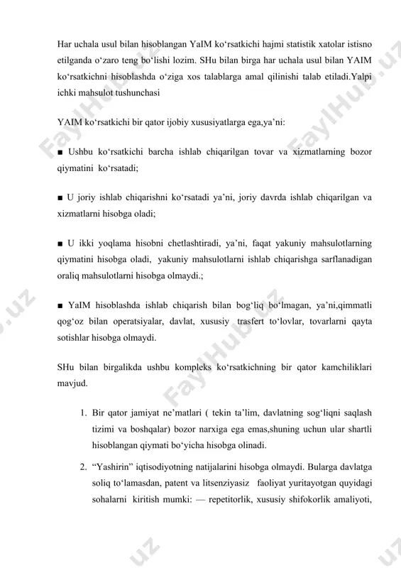 uli – bunda yalpi ichki mahsulot barcha qo’shilgan qiymatlar yig’indisi sifatida aniqlanadi. yalpi ichki mahsulot = ∑ qq 2. xarajatlar usuli – bunda yakuniy iste’molchilarning xarajatlari yig’indisi sifatida aniqlanadi. yalpi ichki mahsulot = c + i + g + xn bu yerda s – shaxsiy iste’mol xarajatlari; i– investitsiya xarajatlari, ya’ni xususiy ichki investitsiyalar ; g – davlat xarajatlari ya’ni tovar va xizmatlarning davlat xaridi ; xn – chet elliklarning xarajatlari, ya’ni sof eksport; 3) daromadlar usuli – bunda yalpi ichki mahsulot barcha yakuniy iste’molchilarning daromadlari yig’indisi sifatida aniqlanadi. shu bilan birga yalpi ichki mahsulot tarkibiga biznesga egri soliqlar va amortizatsiya ham kiritiladi. yaim = amortizatsiya + biznesga egri soliqlar + ijara haqi + foiz ko’rinishidagi daromadlar + yollanma ishchilarning ish haqi + yakka tartibdagi qo’yilmalardan daromadlar + korporatsiya foydasiga soliqlar + dividendlar + korporatsiyaning taqsimlanmagan foydasi. ko’plar yaimni iqtisodiyot ahvolini eng yaxshi ko’rsatkichi deb hisoblaydilar. aqsh iqtisodiyot vazirligi tomonidan …