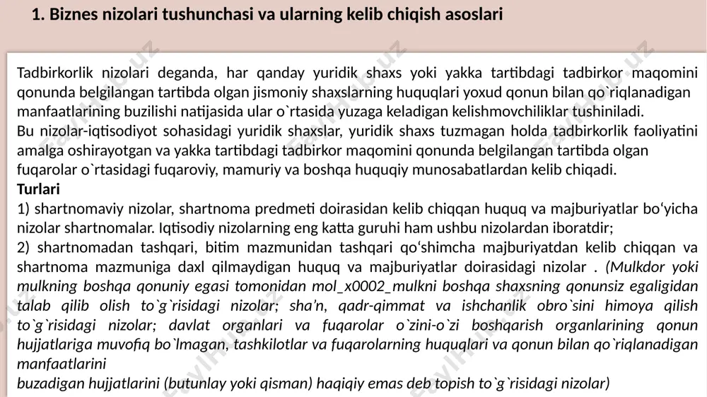 lish deganda taraflarning yuzaga kelgan nizolar (kelishmovchiliklar)ni sud organlarining aralashuvisiz hal qilishga qaratilgan birgalikdagi harakatlari tushuniladi. nizolarni sudgacha, ya’ni sud muhokamasisiz hal qilish tartibidan har bir taraf manfaatdor. birinchidan, talabnoma yuboruvchi qisqa muddatda buzilgan huquq va qonuniy manfaatlarini tiklashga erishadi. ikkinchidan, taraflar da’voni rasmiylashtirish va uni sudga taqdim qilish, da’voni sudda koʻrish jarayonida ishtirok etish bilan bogʻliq vaqtlari va mablagʻlarini tejaydilar. uchinchidan, davlat bojini toʻlash va sud chiqimlari bilan bogʻliq хarajatlar oldi olinadi. toʻrtinchidan, shartnomaviy munosabat ishtirokchilari oʻrtasidagi ishonch va hamkorlik mustahkamlanadi hamda kelajakda hamkorlikni yanada rivojlantirishga sharoit yaratiladi. 2. biznes nizolarini hal qiluvchi organlar nizolarni sudgacha hal qilishning turlari a) muzokaralar - odatda shartnomalarda “tomonlar ushbu shartnomadan kelib chiquvchi nizolarni muzokara yoʻli bilan hal etishning barcha zarur choralarini koʻrish majburiyatini oladi” jumlasi kiritib o’tiladi. bunda olib borilgan muzokaralar yozma ravishda bo’lishi kerak. masalan muzokar bayyonnoma tarzida yozma ravishda rasmiylashtirilishi mumkin. b) talabnoma yuborish - nizolarni sudgacha hal qilishning talabnoma …