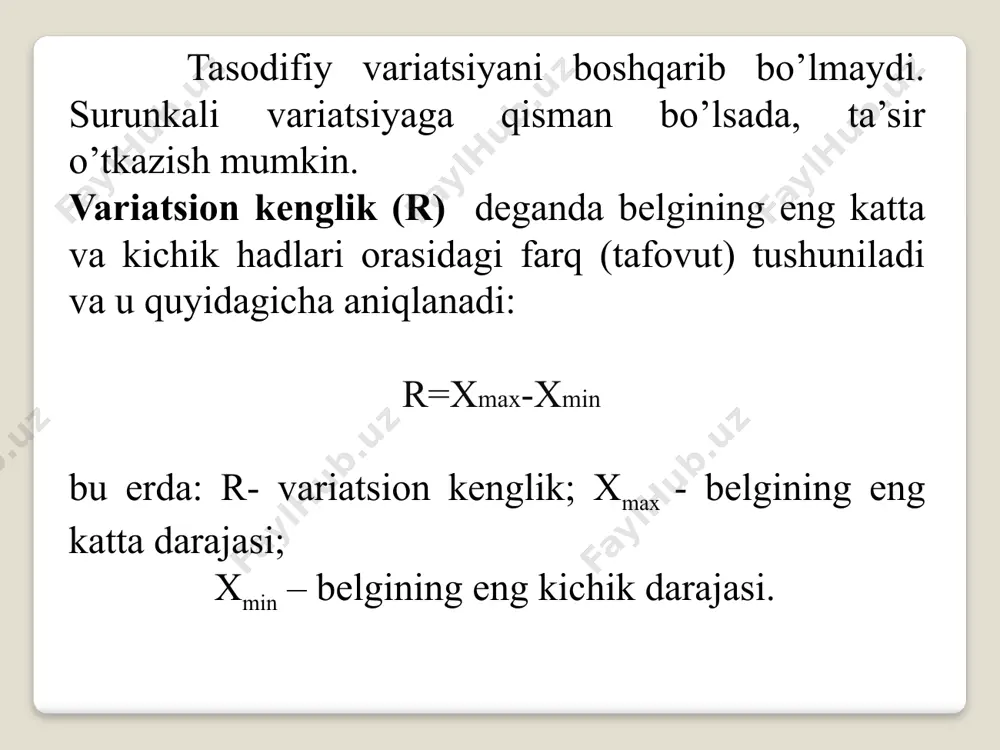 yasi σ 2 ning kattaroq qiymat qabul qilishiga olib kelishi mumkin.shuning uchun ushbu holatni to’g’rilash maqsadida maxrajda (n - 1) dan foydalanamiz * .s 2 kabi tanlama to’plam ko’rsatkichlari bosh to’plamning σ 2 kabi parmetrlarini boshlang’ich baholashda qo’llanilgani sababli, tanlama to’plam dispersiyasini aniqlashda n dan ko’ra (n - 1) foydalanish afzalroq hisoblanadi. * bu erda s 2 ning (n-1) bo’luvchi bilan hisoblanishi, σ 2 ning siljimagan bahosi hisoblanadi.  s 2 ni hisoblashda necha o’nli kasrgacha yaxlitlanishi kerak? bu borada yaxlitlash to’g’risida aniq qoida bo’lmaganligi sabali, zarur bo’ladigan natijadan ikki barobar ko’p darajagacha yaxlitlash zarur. masalan, siz s ning aniqlik darajasi yuzdan birgacha yaxlitlikda chiqishini istasangiz, s 2 natijasi mingdan bir darajagacha (to’rt xonagacha) yaxlitlash zarur. 9.3. standart chetlanishni talqin qilish* biz ko’rib o’tdikki, agar bosh to’plamdan tanlab olingan ikkita to’plamning variatsiyalashuv darajasini taqqoslayotgan bo’lsak, kattaroq standart chetlanishga ega to’plam ko’proq variatsiyaga ega bo’ladi. demak, biz nisbiy va qiyosiy asosda …