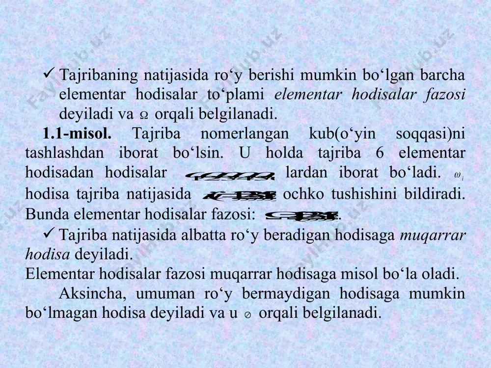 ni keltiramiz. natijasi tasodifiy bo`lgan biror tajriba o`tkazilayotgan bo`lsin. -tajriba natijasida ro`y berishi mumkin bo`lgan barcha elementar hodisalar to`plami elementar hodisalar fazosi deyiladi; tajribaning natijasi esa elementar hodisa deyiladi. · agar chekli yoki sanoqli to`plam bo`lsa (ya`ni elementlarini natural sonlar yordamida nomerlash mumkin bo`lsa), u holda uning ixtiyoriy qism to`plami tasodifiy hodisa (yoki hodisa) deyiladi: embed equation.3 . to`plamdagi qism to`plamga tegishli elementar hodisalar hodisaga qulaylik yaratuvchi hodisalar deyiladi. · to`plam muqarrar hodisa deyiladi. embed equation.3 -bo`sh to`plam mumkin bo`lmagan hodisa deyiladi. s- ning qism to`plamlaridan tashkil topgan sistema bo`lsin. _1292775430.unknown _1292775617.unknown _1292775886.unknown _1293023695.unknown _1293030175.unknown _1292775693.unknown _1292775462.unknown _1292775031.unknown _1292775049.unknown _1292774826.unknown a a n n a a ehtimollikning statistik ta’rifi hodisa n ta bog‘liqsiz tajribalarda na marta ro‘y bersin. na son hodisaning chastotasi, munosabat esa hodisaning nisbiy chastotasi deyiladi. nisbiy chastotaning statistik turg‘unlik xossasi deb ataluvchi xossasi mavjud, ya’ni tajribalar soni oshishi bilan nisbiy chastotasi ma’lum qonuniyatga ega bo‘ladi va biror …