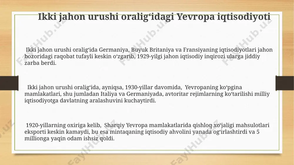 rishga mablagʻ yuborgan. aqshning 1930-yillardagi iqtisodiy tiklanishi qishloq xoʻjaligi sohasida kamroq sezilarli boʻlib, janubdagi paxta plantatsiyalari mintaqalarida qashshoqlik va ishsizlik darajasi yuqori boʻlib qoldi. ikkinchi jahon urushi oraligʻida aqsh yalpi ichki mahsuloti (yaim) 1929 yildagi buyuk depressiyadan keyin keskin pasaygan, ammo 1930-yillar oxiriga kelib asta-sekin tiklana boshlagan, shu bilan birga ishsizlik darajasi yuqori boʻlib qolgan. fashizm va natsizmning ko'tarilishi fashizm va natsizmning kengayishi butun yevropada milliy sotsializm va fashizm g'oyalari tarafdorlari sonining ko'payishiga olib keldi, bu esa 1930-yillarning oxiriga kelib ikkinchi jahon urushining boshlanishiga turtki bo'ldi. 1920-yillarning oxirida germaniyada iqtisodiy inqiroz va versal shartnomasi bilan bog'liq noroziliklar fashizmning kuchli o'sishiga sabab bo'ldi, bu esa 1933-yilda gitlerning hokimiyatga kelishi bilan yakunlandi. italiyada 1922-yilda benito mussolini boshchiligidagi fashistlar partiyasi kuchga kirdi va 1930-yillarga kelib mamlakatda totalitar rejim o'rnatildi, ommaviy axborot vositalarini nazorat qilib, siyosiy muxoliflarni bostirdi. e'tiboringiz uchun rahmat @taqdimot_robot image3.png image4.png