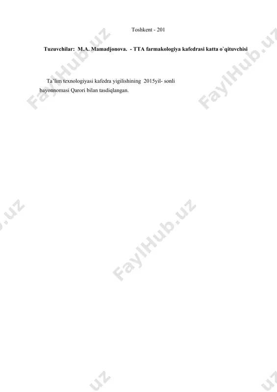 ga ta’sir etuvchi dori vositalarning umumiy; farmakodinamika asosida dorilarning ta’sirini taxlil qilish va qo’llanilishini o’rgatish; · qon sistemasiga ta’sir etuvchi dori vositalarning pediatriyada qo’llanilishining o’ziga xos xususiyatlari bo’yicha bilimlarni chuqurlashtirish va mustaxkamlash; · qon sistemasiga ta’sir etuvchi dori vositalarga restept yozish ko’nikmalarini o’stirish; · ma’lumotlarni sistemaga solish, taqqoslash, umumlashtirish, taxlil qilish ko’nikmalarini ishlab chiqish; · kommunikativ ko’nikmalarni o’stirish; o`quv faoliyati natijalari: talaba bilishi kerak: · qon sistemasiga ta’sir etuvchi dori vositalari xaqida umumiy xarakteristikani; · qon sistemasiga ta’sir etuvchi dori vositalarning klassifikastiyasini; · qon sistemasiga ta’sir etuvchi dori vositalariningasosiy ta’sirlarini bayon qilishni; · qon sistemasiga ta’sir etuvchi dori vositalarining ta’sir mexanizmini · qon sistemasiga ta’sir etuvchi dori vositalarningkeltirib chiqaruvchi nojo’ya ta’sirlarni · qo’llashga ko’rsatmalar va qarshi ko’rsatmalarni · xar bir qon sistemasiga ta’sir etuvchi dori vositalarning o’ziga xos xususiyatlarini tasvirlash va xar bir preperatga qiyosiy baxo berishni · qon sistemasiga ta’sir etuvchi dori vositalarning umumiy farmakodinamikasidan kelib chiqib aloxida preparatlarni …