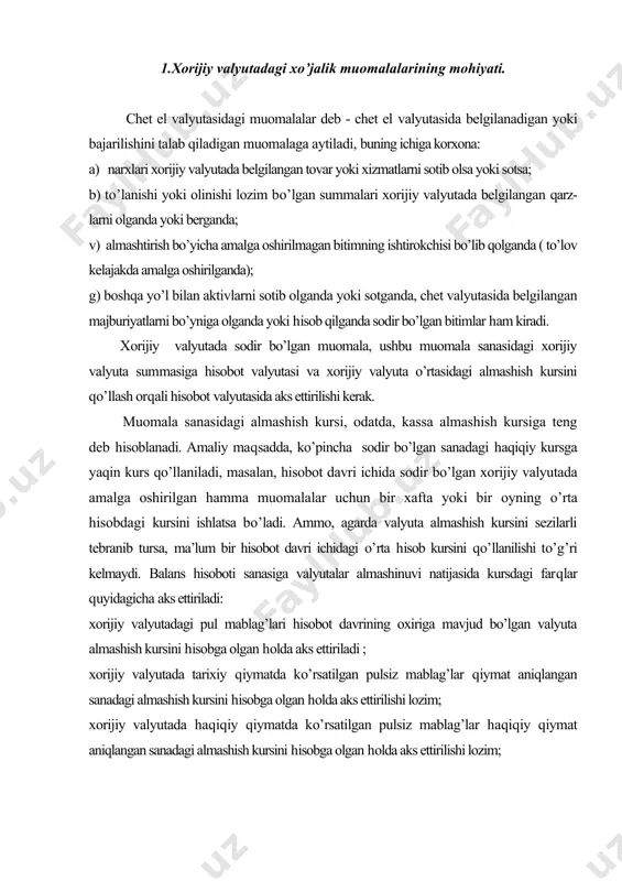 lar almashinuvi natijasida kursdagi farqlar quyidagicha aks ettiriladi: xorijiy valyutadagi pul mablag’lari hisobot davrining oxiriga mavjud bo’lgan valyuta almashish kursini hisobga olgan holda aks ettiriladi ; xorijiy valyutada tarixiy qiymatda ko’rsatilgan pulsiz mablag’lar qiymat aniqlangan sanadagi almashish kursini hisobga olgan holda aks ettirilishi lozim; xorijiy valyutada haqiqiy qiymatda ko’rsatilgan pulsiz mablag’lar haqiqiy qiymat aniqlangan sanadagi almashish kursini hisobga olgan holda aks ettirilishi lozim; 1. hisoblash va muvofiqlik tamoyillarini xorijiy valyuta kursidagi farqlarni hisobga olishda qo’llash kursdagi farqlar, devalьvatsiya yoki valyuta narxining o’zgarishi natijasida paydo bo’lishi mumkin. moliyaviy hisobotlarning xalqaro stadartlari (mhхs)ga ko’ra kurs tebranishlari sababli moliyaviy hisobotni tuzish sanasida sodir bo’lgan korxona aktivlari va majburiyatlarining balans qiymatini o’zgarishi, ular yuzaga kelgan davrning daromadlari yoki xarajatlari deb tan olinadi. respublikamizda ushbu yo’nalish bo’yicha belgilangan tartib xalqaro standartlar-dan farq qiladi. 2004 yilning 21 mayida o’zbekiston respublikasi adliya vazirligida 1354 son bilan ro’yxatdan o’tgan «chet el valyutasida ifodalangan aktivlar va majburiyatlarning xisobi» deb …