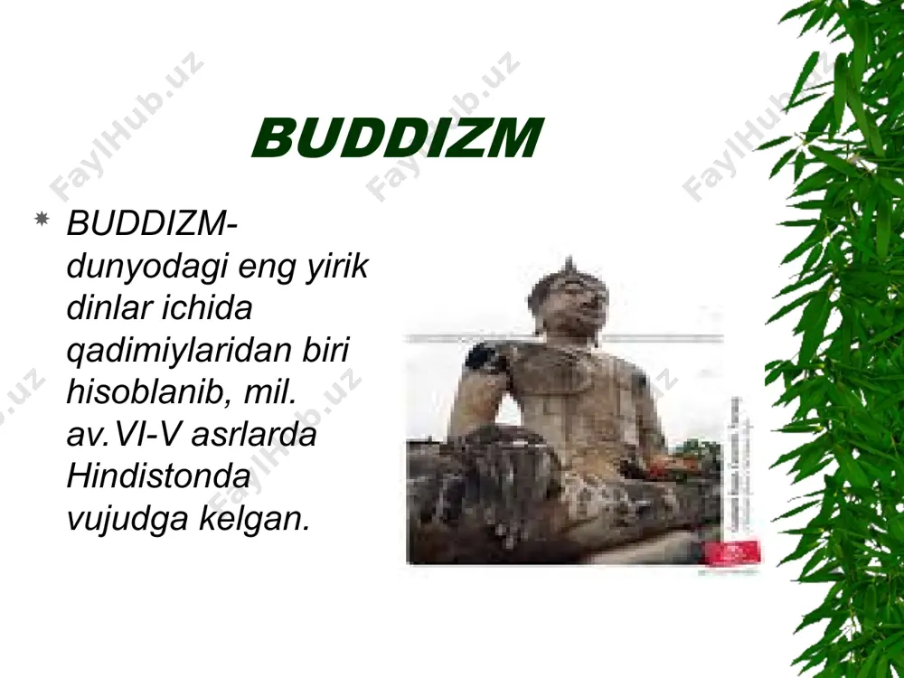 loq. meditatsiya. donolik. pancha shila buddaning besh nasixati: qotillikdan saqlanish. o`g`rilikdan saqlanish. gumrohlikdan saqlanish. yolg`on, mast qiluvchi narsalardan saqlanish. mast qiluvchi narsalardan saqlanish. meditatsiya to`g`ri tushunish. to`g`ri niyat qilish. o`zini to`g`ri tutish. to`g`ri anglash. to`g`ri harakat qilish. to`g`ri hayot kechirish. to`g`ri fikr yuritish. to`g`ri gapirish. donishmandlik bu buddizmning asosiy maqsadi bo`lib, narsalar tabiatini to`g`ri tushuninshdan iborat. ko`rsatilgan uch amaliyot bosqichini o`tagan inson oxir-oqibat oliy saodatga, ya`ni “nirvana” holatiga erishadi. nirvana-o`chish, so`nish. tarqalishi ushbu ta`limotning yoyilishida buddist jamoalarning ro`li katta bo`lgan. ular yilning ob-havosi yaxshi bo`lgan to`qqiz oyida shaharma-shahar bu dinga da`vat qilib yurganlar. buddizm boshqa dinlarga sig`inishni taqiqlamaydi.budda, ularga ibodat qilish insonga vaqtincha tasalli berishi mumkin, biroq, ular nirvana holatiga olib bormaydi, deb ta`lim beergan. ilohalari hindistonning buddizmga mansub ilohalari: dunyoning yaratuvchisi braxma, chaqmoq va momoqaldiroq xudosi indra, hunarmandchilar homiysi xatimanu, tibetda qahramon baser timsoli, mongoliyada chingizxon kabi milliy qahramonlar buddizm timsoliga aylangan. biroq bu ilohlar nirvana holatiga olib bormaydi. …