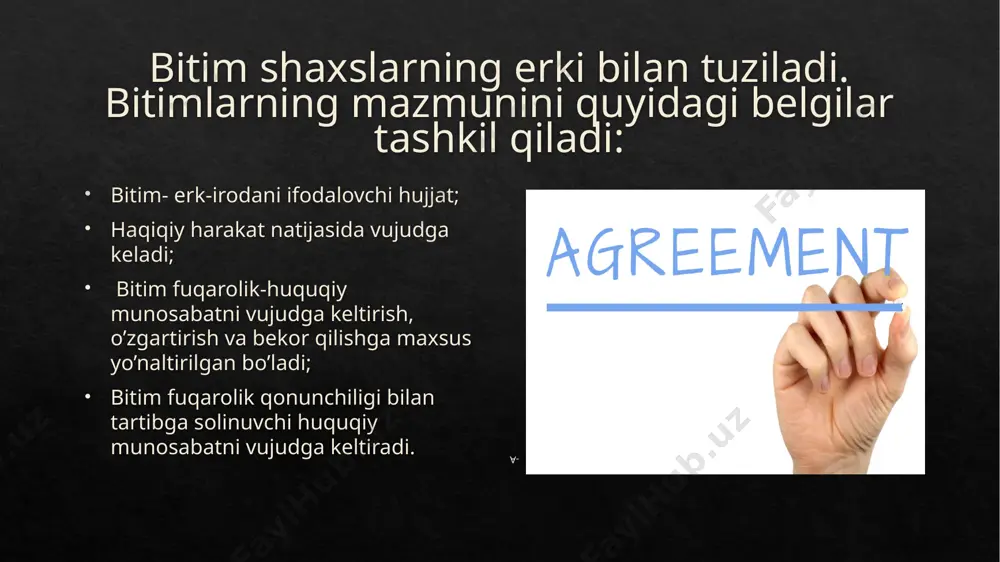 manfaatlariga xilof ravishda tuzilgan (o'zbekiston respublikasi jkning 175-moddasi), o'n to'rt yoshga to'lmagan shaxs tomonidan tuzilgan (fk 117-modda), qalbaki va koʻzbo'yamachilik uchun tuzilgan bitimlar (fk 124-modda) o'z-o'zidan haqiqiy sanalmaydi. nizoli bitimlar jumlasiga o'z harakatlarining ahamiyatini tushuna olmaydigan yoki ularni boshqara olmaydigan fuqaro tomonidan tuzilgan (fk 121-modda) yanglishish ta'sirida tuzilgan (fk 122-modda), aldash, zo'rlik, qo'rqitish, bir taraf vakilining ikkinchi taraf bilan yomon niyatda kelishuvi yoki og'ir holatlar yuz berishi ta'sirida tuzilgan (fk 123-modda), muomala layoqati cheklangan fuqaro tomonidan tuzilgan (fk 120-modda), yuridik shaxs huquqiy layoqatidan tashqariga chiqadigan bitimlar. e’tiboringiz uchun rahmat! image1.jpeg image6.jpeg image7.jpeg image8.png image9.jpeg image3.png image10.jpeg image11.jpeg image12.jpeg image13.jpeg image14.jpeg image15.jpeg image16.jpeg image17.jpeg image18.jpeg image19.jpeg image20.jpeg image21.png image1.svg image22.jpeg image23.jpeg