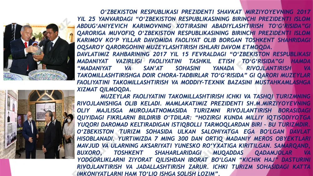 i qarori muzeylar faoliyatini takomillashtirish va moddiy-texnik bazasini mustahkamlashga xizmat qilmoqda. muzeylar faoliyatini takomillashtirish ichki va tashqi turizmning rivojlanishiga olib keladi. mamlakatimiz prezidenti sh.m.mirziyoyevning oliy majlisga murojaatnomasida turizmni rivojlantirish borasidagi quyidagi fikrlarni bildirib o‘tdilar: “hozirgi kunda milliy iqtisodiyotga yuqori daromad keltiradigan istiqbolli tarmoqlardan biri – bu turizmdir. o‘zbekiston turizm sohasida ulkan salohiyatga ega bo‘lgan davlat hisoblanadi. yurtimizda 7 ming 300 dan ortiq madaniy meros obyektlari mavjud va ularning aksariyati yunesko ro‘yxatiga kiritilgan. samarqand, buxoro, toshkent shaharlaridagi muqaddas qadamjolar va yodgorliklarni ziyorat qilishdan iborat bo‘lgan “kichik haj” dasturini rivojlantirish va jadallashtirish zarur. ichki turizm sohasidagi katta imkoniyatlarni ham to‘liq ishga solish lozim”. muzey predmetini urganishga yunaltirilgan ilmiy tadkikot ishlarida shu predmet taalukli bulgan fanlar uslublaridan foydalanilsa, shu predmetni muzeyshunoslik nuktai nazaridan tadkik etganda yoki umuman muzeyshunoslik tadkikotida zarur bulgan tabiiy fanlardan tashkari yukorida ta`kidlaganimizdek, pedagogika, psixologiya, sotsiologiya fanlarining uslublaridan foydalaniladi. muzeylarning tadkikotchilik faoliyatiga e`tibor kundan-kunga oshib bormokda. 1968 yil irjineustupniy o`zining …
