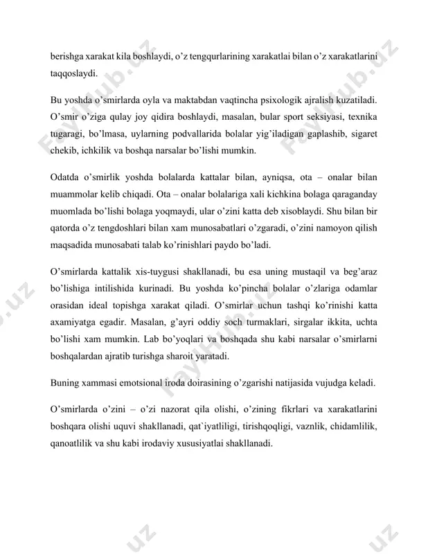 da bo’ladi. o’zi yashayotgan jamiyatdagi belgilangan axloqiy va xuquqiy normalarga qarama – qarshi xulq – atvori unga bo’lgan noto’g’ri ya`ni, uning rivojlanishi va ijtimoiylashishida atrof – muxitdagi shaxsiy va yosh xususiyatlarini xisobga olmasdan kelib chiqadigan xulq – atvordagi buzilishi tushiniladi. buzilgan xulq - atvor ijtimoiy dezaptatsiyaning bir ko’rinishi xisoblanadi. bolalik – o’smirlik dezaptatsiya xaqida gapirganda albatta bolalar kategoriyalarini bilib olish kerak. bular: - uqishga bormaydigan maktab yoshidagi bolalar, -etim bolalar, -ijtimoiy etimlar, -giyoxvand va zaxarli moddalarni iste`mol qiluvchi o’smirlar, -jinsiy intizomsiz xulq – atvorli o’smirlar, -jinoiy ishlarga qo’l urgan o’smirlar, devmatsiya – devmont, delinkvent va kriminal` xulq – atvorni o’z ichiga oladi. deviant xulq - atvor – bu xulq - atvor o’zgarishlarining bir turi bo’lib, kichik ijtimoiy munosabatlarda va kichik ijtimoiy guruxlarga xarakterli yoshga tegishli xulq – atvordagi ijtimoiy norma va qoidalarning buzilishi bilan bog’liq bo’lgan xulq - atvor tushiniladi, ya`ni xulq – atvorning bu turini antistsiplinali (tartib qoidalarga qarshi) …