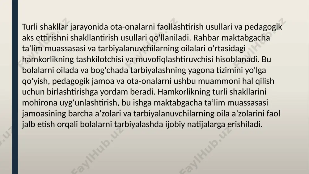 endlar va burchaklardir. 4. ota-onalar bilan pedagogik suhbatlar. ota-onalarga muayyan ta'lim masalasida o'z vaqtida yordam ko'rsatish. 5. suhbatlar ham individual, ham guruh shaklida olib boriladi. ikkala holatda ham maqsad aniq belgilangan: nimani aniqlash kerak, qanday yordam berishimiz mumkin. suhbat mazmuni ixcham, ota-onalar uchun mazmunli bo‘lib, suhbatdoshlarni gapirishga undaydigan tarzda taqdim etiladi. o'qituvchi nafaqat gapirish, balki ota-onalarni tinglash, ularning qiziqishini, xayrixohligini bildira olishi kerak. 6. ota-onalar, ayniqsa yoshlar, bolalarni tarbiyalashda amaliy ko'nikmalarga ega bo'lishlari kerak. ularni seminarlarga taklif qilish tavsiya etiladi. ishning ushbu shakli o'rganish usullari va usullari haqida gapirishga va ularga ko'rsatishga imkon beradi: kitobni qanday o'qish, rasmlarga qarash, o'qiganlari haqida gapirish, bolaning qo'lini yozishga qanday tayyorlash, artikulyatsiyani qanday mashq qilish. apparatlar va boshqalar. 7. ochiq eshiklar kuni ishning ancha keng tarqalgan shakli bo'lib, ota-onalarni maktabgacha ta'lim muassasasi, uning an'analari, qoidalari, ta'lim va tarbiya ishlarining xususiyatlari bilan tanishtirish, uni qiziqtirish va ishtirok etish imkonini beradi. yangi ota-onalarning farzandlari tarbiyalanadigan guruhga …