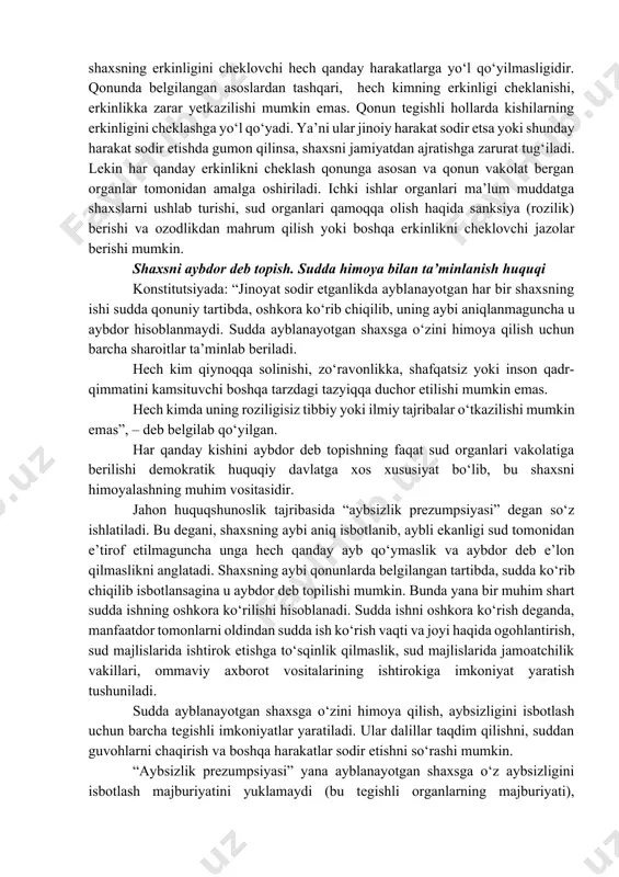 am o‘ldirish uchun ham jinoiy javobgarlik belgilangan. og‘ir jinoyat sodir etgan shaxslarni o‘lim jazosi orqali hayotdan mahrum qilish masalasi ham yashash huquqi bilan bog‘liq hodisa. bu ayrim davlatlarda oxirgi chora tariqasida qo‘llaniladigan jazo. mamlakatimizda demokratlashtirish jarayoni chuqurlashib borishi bilan bu masalaga ham yondashuv o‘zgarib bormoqda. o‘zbekiston xxi asrga ijtimoiy hayotning barcha sohalarini erkinlashtirish vazifasi bilan kirib keldi. insonning yashash huquqi to‘la-to‘kis bo‘lishi, yashashi, hayoti davomida hayotdan to‘la bahramand bo‘lishi va o‘z imkoniyatlaridan to‘la foydalanishi uchun unga, albatta, erkinlik va daxlsizlik zarur. shuning uchun konstitutsiyaning 27-moddasida: “har kim erkinlik va shaxsiy daxlsizlik huquqiga ega. hech kim qonunga asoslanmagan holda hibsga olinishi, ushlab turilishi, qamoqqa olinishi, qamoqda saqlanishi yoki uning ozodligi boshqacha tarzda cheklanishi mumkin emas.”, – deb belgilangan. erkinlik shaxsning o‘z ixtiyori bo‘yicha yashash, hayot kechirish imkoniyati bo‘lib, faqat shaxs qonunlarga itoat etishi zarur. mamlakatimizda har bir kishining erkinligi uning shaxsiy daxlsizligi bilan ta’minlanadi. daxlsizlik degani, shaxsning erkinligini cheklovchi hech qanday …