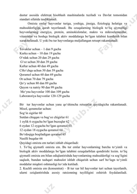 sadida ularni mollarga edirishdan oldin ham kuzda tutiladi. edirishdan oldin tayyorlash asosiy usullaridan biri maydalashdir. butun donning tashqi katlamdagi kletchatka ozuqani hazm qilishga tusik qiladi. maydalangan don esa engil chaynaladi va to‘yimli moddalar sulak, oshqozon shirasi va boshqa fermentlar ta’siriga bevosita uchraydi. edirishdan olid tayyorlash usullariaga termik, achitish, kukartirish va boshqalar kiradi. bu usullar ozuqaning edirilmaganligini va hazmlanish darajasini ko‘paytiradi. 3. omixta-em to‘liq qiymatli oziqlantirishni tashqil etish uchun ilmiy asoslangan retseptlar asosida tuzulgan xar hil ozuqa vositalarning bir hil darajada maydalangan aralashma ozuqadir. to‘liq qiymatli omixta emlarni tuzishning iktisodiy jihatdannazariy asosi shundan iboratki xar hil ozuqalardan aralashma tayyorlashda ulardagi xar hil to‘yimli elementlarida bir birini tuldirish xususiyati paydo bo‘ladi. omixtani tug‘ri tuzishda hayvonlarni me’yoriy darajada energiya, protein aminokilata, vitamin va minearl moddalar bo‘yicha oziqlantirishga imkon beradi. omixta retseptlari ilmiy muassasalarda eng sungi xar hil turdagi k/x hayvonlarni oziqlantirish ma’lumotlari asosida tuziladi. eng kulayretseptlar maxsus dastur asosida elektron hisoblash mashinalarda tuziladi …