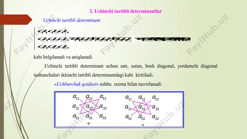 ularni hisoblash = + + + = 34 34 33 33 32 32 31 31 det a a a a a a a a d    32 5 3231 4 31 11 mama    34 7 3433 6 33 11 mama        231 250 431 12 231 251 432 13 54      311 510 321 14 211 210 421 11 76 56114422363  = + + + = 41 41 31 31 21 21 11 11 det a a a a a a a a d    21 3 2111 2 11 11 mama    41 5 4131 4 31 11 mama ( ) ( ) + - - × - × + - - - × - × = 2 3 1 4 1 2 4 3 2 1 0 2 …