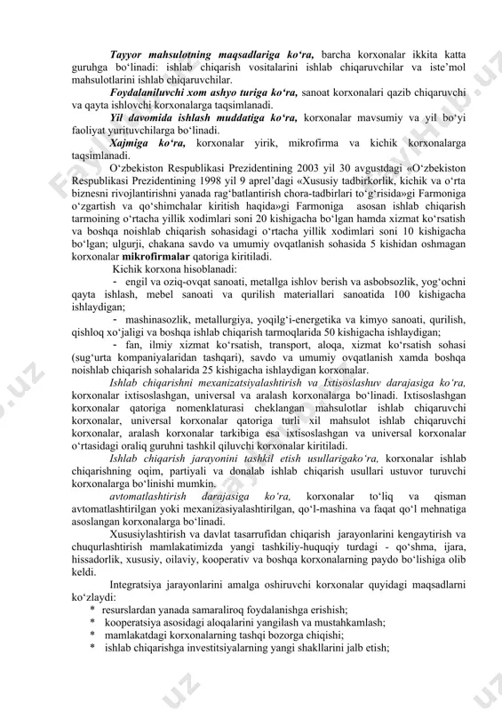 ish jarayonlarida aks etadi. muomala sohasidagi faoliyat esa ishlab chiqarishning moddiy-texnika ta’minotini tashkillashtirish, mahsulot (ish, xizmat)larni sotish va foydalanilgan ishlab chiqarish vositalarining daromad shaklida qaytib kelishida ko‘zga ko‘rinadi. korxonalarni ijtimoiy-iqtisodiy tizim sifatida tadqiq etishda uni tashkil qiluvchi ikkita tarkibiy qism - tizimning o‘zi(korxona) va ushbu tizim faoliyat yurituvchi tashqi muhitni ko‘rib chiqish lozim. korxonaning ichki muhiti ishlab chiqarish vositalari, pul mablag‘lari, axborotlar va inson resurslaridan tashkil topadi. bozor iqtisodiyoti sharoitlarida korxonalar faoliyatining asosiy yo‘nalishlari quyidagilar hisoblanadi: · bozor va uning rivojlanish istiqbollarini kompleks ravishda o‘rganish yordamida, xaridorlarning mahsulot va xizmat turlariga mavjud va yuzaga kelishi mumkin bo‘lgan talablarini aniqlash; · mahsulotning yangi modellari va namunalarini yaratish bo‘yicha ilmiy-tadqiqot faoliyatini tashkil qilish; · xaridorlar talablariga mos keluvchi tovarlarni ishlab chiqarish; · ishlab chiqarishni rejalashtirish, dasturlash, muvofiqlashtirish va moliyalashtirish; · mahsulotni taqsimlash va sotish tizimini tashkil qilish va uni mukammallashtirish; · korxonaning barcha faoliyatini, jumladan, ishlab chiqarish, sotish, reklama, texnik xizmat ko‘rsatish …