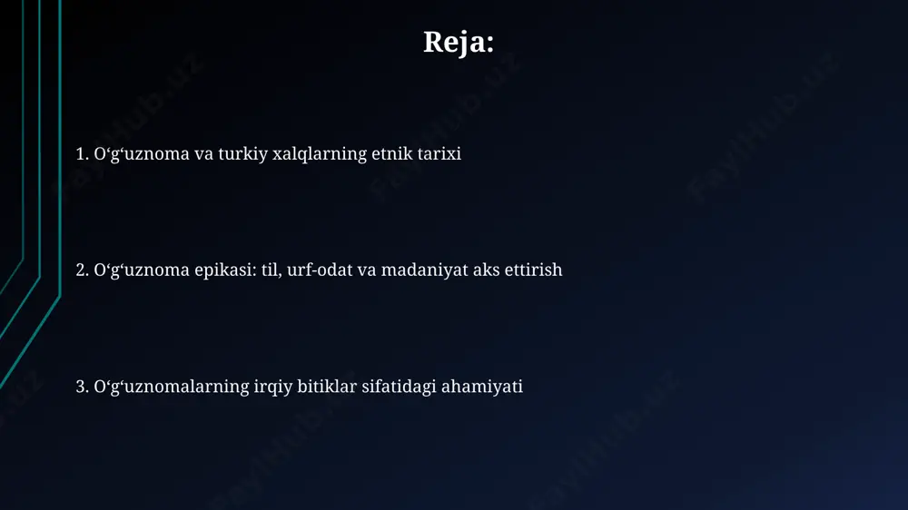 ozma nusxasi topilib, ularning til va uslub jihatidan taqqoslanishi adabiy-tilshunoslik jihatidan muhim ahamiyat kasb etadi. asarda keltirilgan 20 dan ortiq tarixiy voqea va shaxslarning haqiqiy tarixiy manbalar bilan solishtirib o'rganilishi, "o'g'uznoma"ning tarixiy ishonchlilik darajasini aniqlashga yordam beradi. oʻgʻuznoma tili va leksikasi “oʻgʻuznoma”ning tilini oʻrganishda, semantik maydonlarni tahlil qilish orqali 50 ga yaqin etnonimlarni aniqlash mumkin boʻlib, ular turkiy xalqlarning tarixiy aloqalarini ochib beradi. matnda 300 ga yaqin fors-tojikcha soʻzlarning mavjudligi, asarning yaratilish davri va geografik joylashuvining taʼsirini oʻrta osiyo madaniy muhiti bilan bogʻlaydi. qahramonlar va ularning irqiy xususiyatlari “oʻgʻuznoma”da 3 ta asosiy qahramon – oʻgʻuzxon, turk va oʻzbek qabilalarining 12 ta urugʻidan kelib chiqqanligi tasvirlangan boʻlib, ularning geografik joylashuvi va jismoniy xususiyatlari (masalan, boʻyi, soch rangi) aniq koʻrsatilmagan. epik sheʼrda qahramonlarning irqiy kelib chiqishiga qaraganda, ularning mehr-oqibatlari, jasorati va aql-zakovati kabi insoniy fazilatlari koʻproq taʼkidlangan boʻlib, 700 dan ortiq baytda bu fazilatlarning ahamiyati urgʻu berilgan. e'tiboringiz uchun rahmat @taqdimot_robot image1.jpg …
