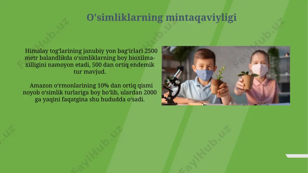 an ortiq tuproq turlari mavjud boʻlib, ularning har biri oʻziga xos oʻsimlik jamoalarini qoʻllab-quvvatlaydi; masalan, chernozem tuproqlari rossiya dashtlarida boy oʻtloqlarni rivojlanishiga imkon beradi. tuproqning kimyoviy tarkibi, xususan, 5-15% gacha boʻlgan organik moddalar miqdori va ph darajasi (masalan, 7-8 gacha boʻlgan qiymatlar) markaziy osiyo oʻsimliklari uchun turli xil moslashuvchanlikni belgilaydi. o'simliklarning floristik hududlari oʻsimliklarning floristik hududlari yer sharining 6 ta asosiy floristik viloyatiga boʻlinadi, jumladan, holarktika viloyati 25 million km² maydonni egallaydi va shimoliy yarim sharning katta qismini qamrab oladi. palearktika hududi 50 dan ortiq oilaga mansub 12000 dan ortiq oʻsimlik turini oʻz ichiga oladi, bu esa uning boy bioxilma-xilligini koʻrsatadi, masalan, kavkaz togʻlarida endemik turlar koʻp uchraydi. endemik va relikt o'simliklar o'zbekistonning janubi-g'arbiy cho'l hududlarida 200 dan ortiq endemik o'simlik turi uchraydi, jumladan, saxarov shuvoqsimon o'simligi faqatgina bu mintaqada tarqalgan. relic o'simliklar, masalan, g'arbiy tyanshan tog'larida uchraydigan archa turlari, muzlik davridan qolgan, 10 ming yildan ortiq yoshga ega bo'lgan …