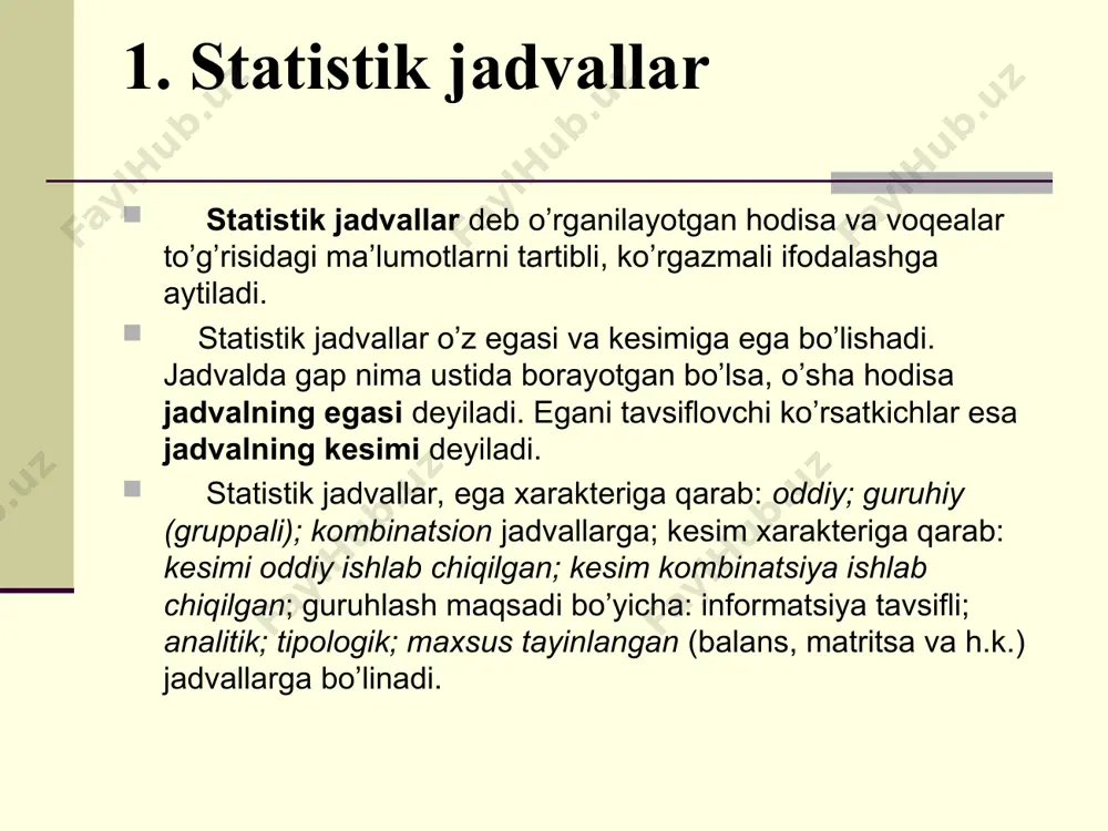 ini grafikda ifodalashdan iborat. 2. statistik grafiklar hodisalar vaqt bo’yicha o’zgarishini tasvirlash uchun dinamika diagrammalari tuziladi. dinamika qatorlaridagi hodisalarni tasvirlash uchun ustunli, lentali, kvadrat, doiraviy, chiziqli, radial va boshqa diagrammalardan foydalanilishi mumkin. chiziqli grafiklarni tuzish uchun to’g’ri chiziqli koordinatalar tizimi qo’llaniladi. odatda, abtsissalar o’qi bo’yicha vaqt (yillar, oylar va boshqalar), ordinatalar o’qi bo’yicha esa – tasvirlanayotgan hodisalar yoki jarayonlar miqdoriy ko’rsatkichlari joylashtiriladi. 2. statistik grafiklar grafiklar orqali variatsion qatorlar darajalari ham tasvirlanishi mumkin. ular asosan chiziqli diagrammalar orqali tasvirlanadi. variatsion qatorlarni tasvirlovchi grafiklarning gistogramma, poligon, kumulyata va ogiva deb ataluvchi turlari mavjud. ular to’g’ri chiziqli koordinatalar tizimida ifodalanadi. gistogramma – bu intervalli variatsion qatorlarni tasvirlash uchun xizmat qiladi. bunda intervalli belgi o’lchovlari koordinata tizimi abstsissasida, intervalli belgining mos chastotalari (soni, vazni, salmog’i va h.k.) esa ordinata o’qida ma’lum masshtabda shkalalarda belgilanadi. 2. statistik grafiklar poligon – diskret variatsion qatorlarni tasvirlash uchun qo’llaniladi. bunda diskret qator o’lchovlari abstsissa o’qida, chastotalar esa …