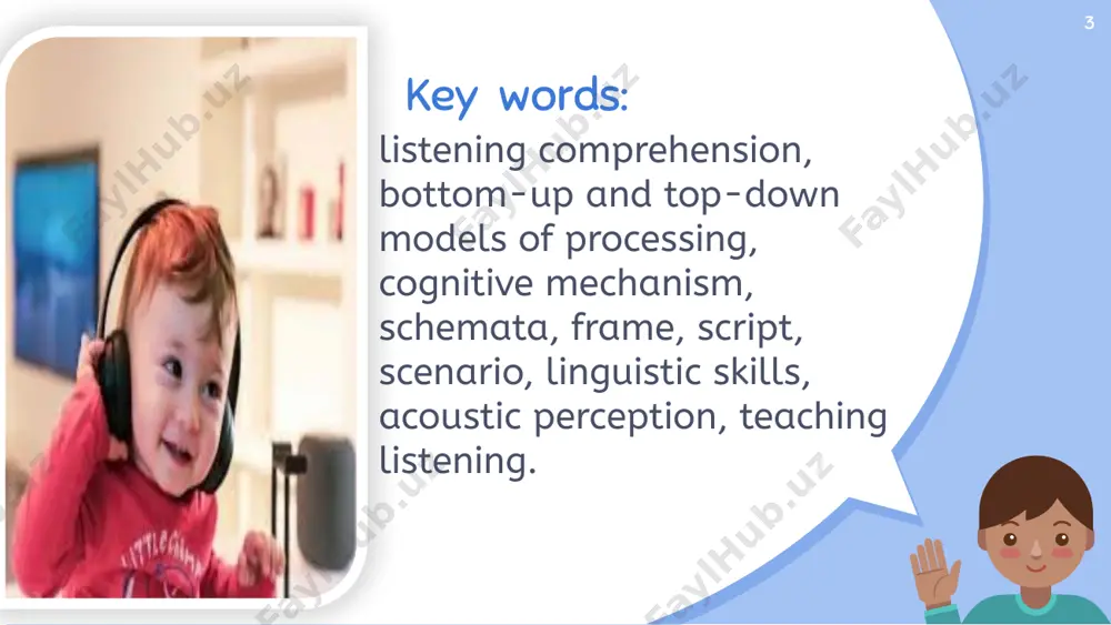 ual sounds, or phonemes. these are then combined into words, which in turn, together make up phrases, clauses, and sentences. finally, individual sentences combine to create ideas and concepts and relationship between them. 19 top-down listening approach top-down model emphasizes the use of previous knowledge in processing text rather than relying upon the individual sounds and words. listeners rely on the prior contextual knowledge as well. in applying contextual knowledge to interpret, listeners use pre-established patterns of knowledge and discourse structure stored in memory. pre-established patterns include knowledge related to schemata, frame, script, and scenario. 20 pre-established patterns a schemata consists of an active organization of past experience. frame organizes knowledge about certain properties of objects, events, and action, which typically belong together. a script deals with event sequences. a scenario consists of representations of situations or events from long-term memory. 21 a list of bottom up skills (1) discriminating …
