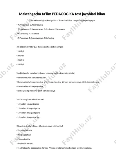 maktabgacha ta’lim pedagogika test javoblari bilan — DOCX