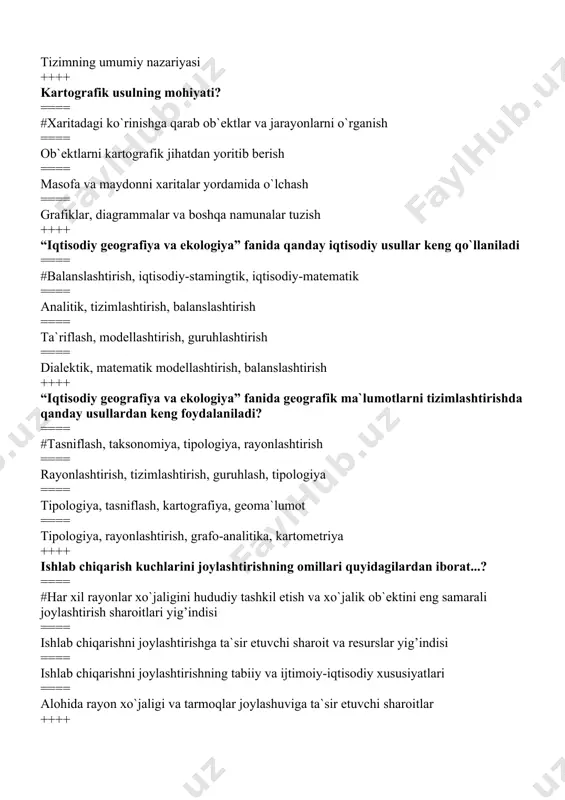 iqtisodiy geografiya va ekologiya” fanida geografik ma`lumotlarni tizimlashtirishda qanday usullardan keng foydalaniladi? ==== #tasniflash, taksonomiya, tipologiya, rayonlashtirish ==== rayonlashtirish, tizimlashtirish, guruhlash, tipologiya ==== tipologiya, tasniflash, kartografiya, geoma`lumot ==== tipologiya, rayonlashtirish, grafo-analitika, kartometriya ++++ ishlab chiqarish kuchlarini joylashtirishning omillari quyidagilardan iborat...? ==== #har xil rayonlar xo`jaligini hududiy tashkil etish va xo`jalik ob`ektini eng samarali joylashtirish sharoitlari yig’indisi ==== ishlab chiqarishni joylashtirishga ta`sir etuvchi sharoit va resurslar yig’indisi ==== ishlab chiqarishni joylashtirishning tabiiy va ijtimoiy-iqtisodiy xususiyatlari ==== alohida rayon xo`jaligi va tarmoqlar joylashuviga ta`sir etuvchi sharoitlar ++++ quruqliking ½ qismini egallagan har biri 3 mln. kv. km.dan yirik dunyoning 7 mamlakatini ko`rsating? ==== #rossiya, kanada, xitoy, aqsh, braziliya, avstraliya, hindiston ==== hindiston, germaniya, pol’sha, kanada, yaponiya, aqsh, sudan ==== pokiston, rossiya, nigeriya, misr, xitoy, indoneziya, braziliya ==== qozog’iston, rossiya, ukraina, efiopiya, eron, kanada, aqsh ++++ aholisi 100 mln.dan ko`p bo`lgan dunyoning 11 mamlakatini ko`rsating? ==== #xitoy, hindiston, aqsh, indoneziya, braziliya, rossiya, yaponiya, …