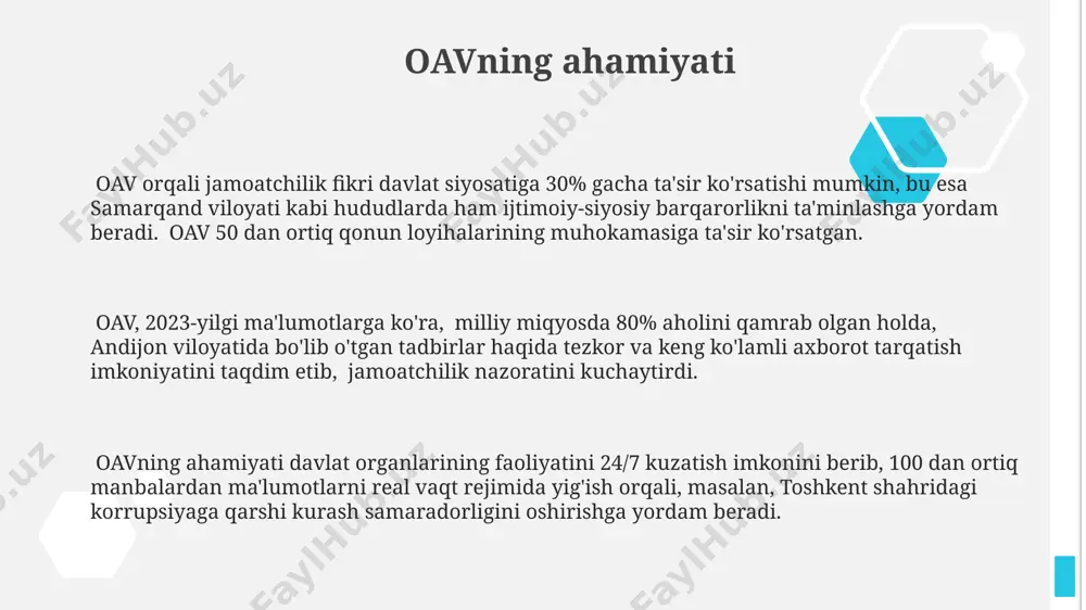 ishga qaratilgan bo'lib, bu jarayonda buyuk britaniyaning ochiq hukumat tamoyillaridan foydalanildi. xalqaro tajriba sifatida, kanadadagi "axborot erkinligi" to'g'risidagi qonunlar davlat organlarining ma'lumotlarini ommaga ochiq qilishni ta'minlaydi va bu fuqarolarning nazoratini osonlashtiradi, bu esa korruptsiyaga qarshi kurashda muhim ahamiyat kasb etadi. evropa ittifoqi davlatlarining ko'pchiligida fuqarolar nazorati mexanizmlari 10 yildan ortiq vaqt davomida rivojlanib kelmoqda va ularning samaradorligi 80% dan yuqori baholanmoqda, bu esa fuqarolar ishtirokini oshirishga yordam beradi. fuqarolarning ishtiroki mexanizmlari 2024-yilga qadar toshkent shahrida 3 ta yangi jamoatchilik kengashlari tashkil etilib, ularga kamida 100 nafar fuqaro aʼzo boʻladi, bu davlat dasturlarini muhokama qilish imkonini beradi. fuqarolarning davlat organlarining faoliyatini baholash boʻyicha 5 ball shkalasi asosida onlayn soʻrovnomalar orqali ishtirok etish imkoniyati samarqand viloyatida 2023-yilda joriy etildi. qoraqalpogʻiston respublikasida 2022-yilda 7 ta elektron platforma ishga tushirildi, bu yerda fuqarolar davlat xizmatlarining sifatini baholash va takliflar bildirish imkoniga ega. jamoatchilik auditorligi va ekspertizasi toshkent shahrida joylashgan "ochiq ma’lumotlar" portalida jamoatchilik auditorligi …