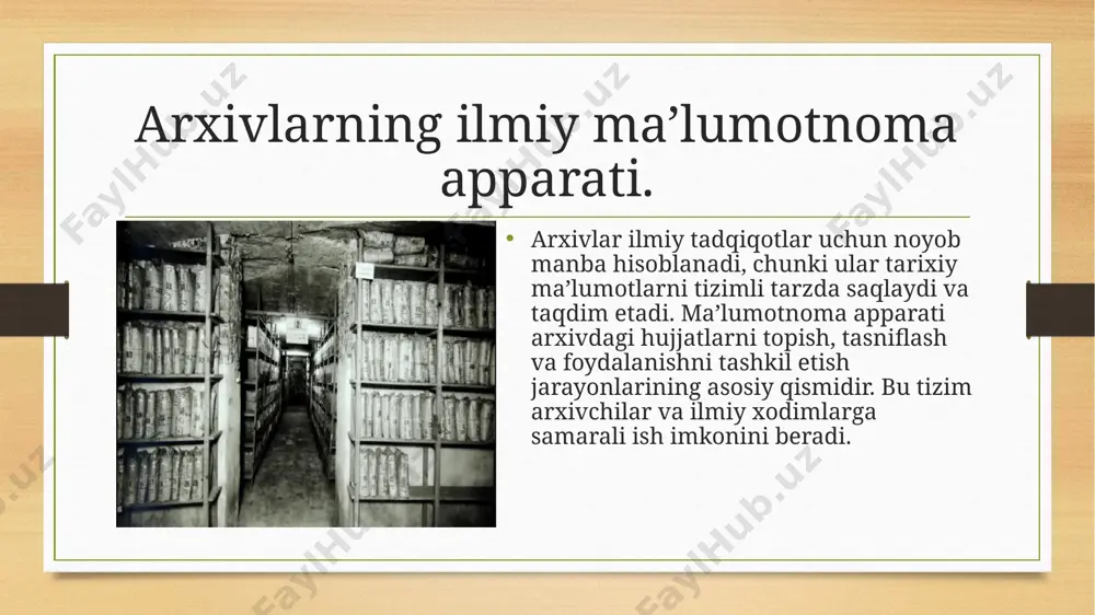 haqida maʼlumot ayni paytda viloyatlar va butun daf miqyosida ham arxiv hujjatalrining ima tuziladi. davlat arxiv fondi ima tizimi o’zaro bog’langan hisob hujjatlari, ya’ni arxiv ma’lumotnomalari, avtomatlashtirilgan axborot-qidiruv tizimidan iboratdir. bular bir xil usul va qoidalar asosida tayyorlanib, yig’majildlar va arxiv fondlari tarkibida, davlat arxivlari va butun daf doirasida hujjatlarni ehtiyot qilib saqlash va samarali qidirish uchun tuziladi. ima tarkibi ima tarkibiga quyidagilar kiradi: 1. yo’lko’rsatkich (putevoditelp) yoki ma’lumotnoma kitobi (spravochnik); 2. qabul qilingan hujjatlar kitobi; fond varaqasi fond raqami. shuni ta’kidlab o’tish kerakki, arxivlarda yuritiladigan hisob hujjatlari va ima tizimi o’rtasida bevosita aloqadorlik mavjud. hisob hujjatlari ham fondlar tarkibidagi hujjatlar haqida zarur axborotlar beradi. masalan, fond varaqasi fondning tartib raqami, nomi, bu yerdagi yig’majildlar soni, xronologik chegarasi, tarkibi haqida qisqa ma’lumotlar beradi. hujjatlarni hisobga oluvchi asosiy ma’lumotnoma – bu yig’majildlar ro’yxatidir. boshqa arxiv ma’lumotnomalaridan farqli o’laroq, ro’yxat fond doirasida yig’majildlarni hisobga olish, hir bir yig’majildning varaqlar sonini belgilash, yig’majildning …