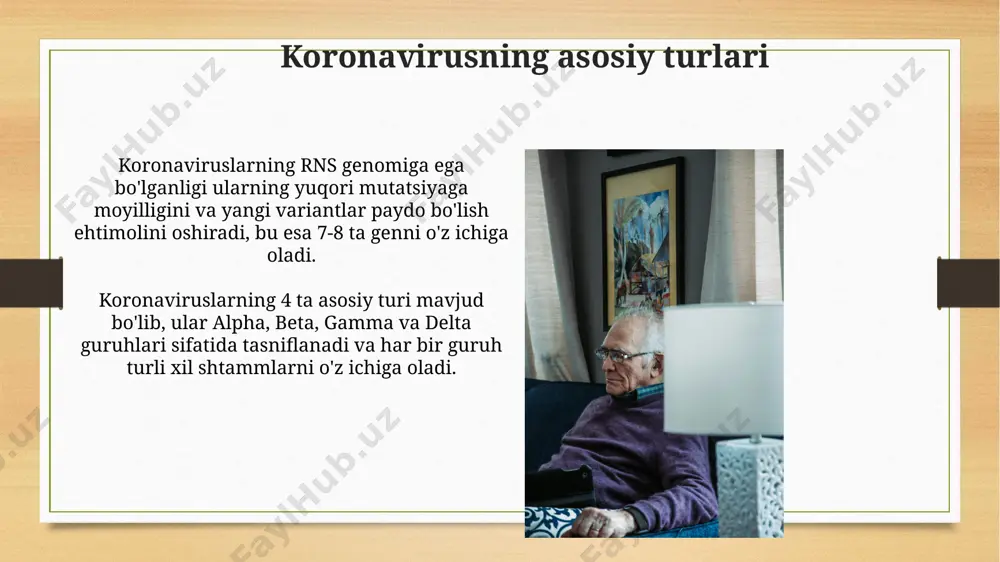 dunyo bo'ylab 6 million 700 mingdan ortiq odam halok bo'ldi, bu esa yuqumli kasalliklarning o'lim darajasi bo'yicha tarixda eng yuqori ko'rsatkich hisoblanadi. koronavirusning iqtisodiy ta'siri kichik va o'rta biznes korxonalari (kkb) koronavirus pandemiyasidan eng ko'p zarar ko'rdi, ulardan 10% dan ortig'i butunlay yopildi yoki faoliyatini to'xtatdi. pandemiya tufayli jahon savdosi hajmi 2020-yilda 10% dan ortiq kamaydi, bu xalqaro iqtisodiy munosabatlarga salbiy ta'sir ko'rsatdi. koronavirusni davolash usullari og'ir koronavirus infeksiyasi holatlarida o'pka shikastlanishini kamaytirish uchun kislorod terapiyasi, sun'iy nafas olish apparatlari (ivl) va plazma almashinuvi kabi qo'llab-quvvatlovchi davolash usullaridan foydalaniladi. koronavirus infeksiyasini davolashda antiviral preparatlar, masalan, remdesivir yoki paxlovid kabi dori vositalaridan foydalanish samaradorligi 50-70% atrofida bo'lishi mumkin, ammo bu bemorning holati va virus shtamiga bog'liq. e'tiboringiz uchun rahmat @taqdimot_robot image7.jpg image8.jpg image9.jpg image10.jpg image11.jpg image12.jpg image13.jpg image14.jpg image15.jpg image16.jpg image17.jpg image18.jpg image3.png image4.png