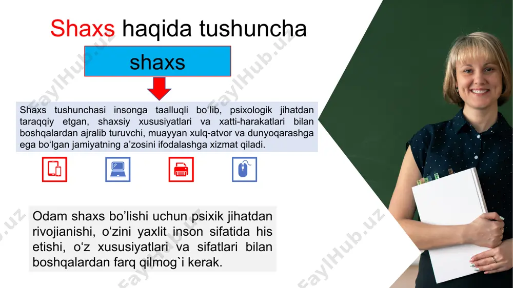 ijasidir. inson jamiyat talablariga bo‘ysunishga majbur, shu bilan birga tabiiy ehtiyojlarini ham namoyon qilib boradi. 01 ijtimoiy yondashuv - inson biologik mavjudot sifatida tug'iladi, faqat hayotiy faoliyati davomida boshqalar bilan doimiy muloqot va ijtimoiy guruhlarning ta’siri ostida ijtimoiylashadi. 02 psixologik yondashuv - insondagi psixik jarayonlar (sezgi, idrok, fikrlash kabilar) tabiiy tavsifga ega, insonning yo‘nalganligi - qiziqishlari, qobiliyatlari ijtimoiy hodisa sanaladi. 03 yaxlit yondashuv - shaxs yaxlit tavsifga ega bo’lib, uning rivojiga nafaqat uning faoliyatidagi o‘ziga xosliklar, balki turmush tarzi ham ta’sir ko‘rsatadi. shu bilan birga ijtimoiy hayot natijalari - motiv, maqsad, qiziqish kabilar ham uning rivojlanishida muhim rol o‘ynaydi. 04 8 shахs rivоjlаnishidа irsiyat, muhit, tаrbiya bilаn bir qаtоrdа insоn fаоliyati hаm muhim аhаmiyat kаsb etаdi. bu degаni insоn qаnchаlik mehnаt qilsа, uning rivоjlаnishi shunchаlik yuqоri bo`lаdi. fаоliyat o`zi nimа? fаоliyat shахs tоmоnidаn tаbiiy vа ijtimоiy hаyotni mаqsаdgа muvоfiq tаshkil etiluvchi kundаlik, ijtimоiy yoki kаsbiy hаrаkаtlаrning muаyyan shаkli, ko`rinishi. insоnning …