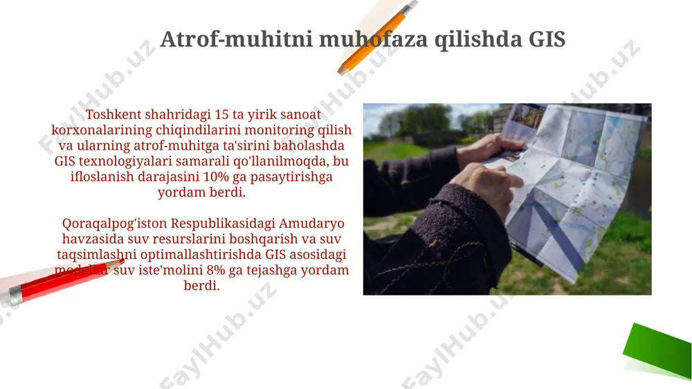ona vodiysida yer uchastkalarini aniq oʻlchash va kadastr maʼlumotlarini yaratishda 3d modellashtirish va raqamli balandlik modellari (rbm) dan foydalanish imkonini beradi. samarqand viloyatining geografik maʼlumotlar bazasiga asoslangan gis platformasi 200 dan ortiq turli xil maʼlumot qatlamlarini, shu jumladan, yoʻl tarmogʻi va yer foydalanish toʻgʻrisidagi maʼlumotlarni birlashtirib, murakkab geografik tahlillarni amalga oshirish imkonini beradi. sog'liqni saqlashda gis farg'ona vodiysida 5000 dan ortiq bemorlarning ma'lumotlar bazasi yordamida gis orqali surunkali kasalliklarning geografik klasterlarini aniqlash va profilaktika choralari samaradorligini kuchaytirishga erishildi. toshkent shahrida 2022-yilda ro'yxatga olingan yuqumli kasalliklarning geografik tarqalishini tahlil qilishda gis texnologiyalari 15% ga aniqroq prognozlar berdi. geografik axborot tizimlarining umumiy tasavvuri geografik axborot tizimlari (gaxt) 1960-yillarda kanadada paydo bo'lib, yer resurslarini boshqarishda qo'llanila boshlandi va hozirda dunyoning 200 dan ortiq mamlakatida, jumladan o'zbekistonda keng qo'llaniladi. gaxt yordamida toshkent shahrining 3d modellari yaratilishi, aholining zichligi va infratuzilma holatini tahlil qilish, 500 dan ortiq ko'rsatkich bo'yicha ma'lumotlarni birlashtirish orqali shaharni rivojlantirish rejalari …
