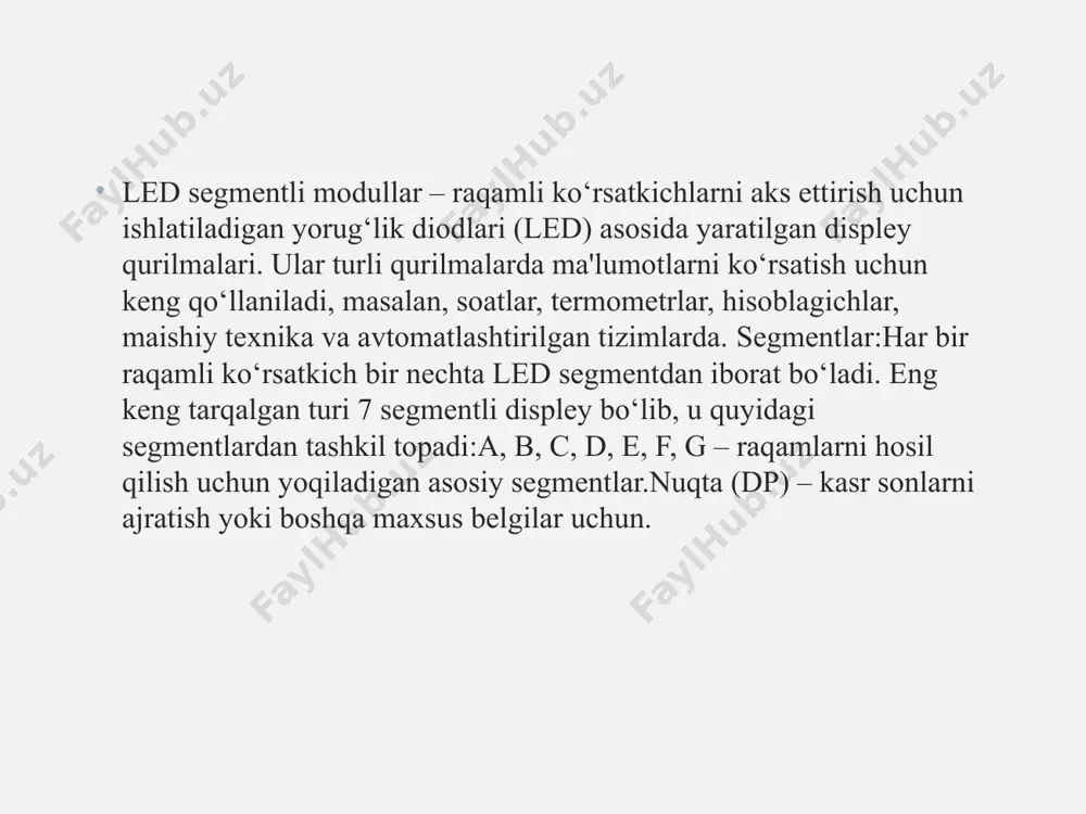 xosil qilish uchun segmentli display 0x3f qiymatiga ega bo’lishi kerak. led segmentli modulni dasturiy boshqarish bir qator afzalliklarga ega, jumladan:1. moslashuvchanlikhar xil formatlarda raqamlar, belgilar va animatsiyalarni osongina ko‘rsatish mumkin.turli displey rejimlarini dasturiy ta’minot orqali tezda o‘zgartirish imkoni mavjud.2. kengaytirish imkoniyatidasturiy boshqarish orqali ko‘proq segment yoki displeylarni oson ulash va boshqarish mumkin 3. avtomatlashtirishharorat, vaqt yoki boshqa sensorlardan kelgan ma’lumotlarga qarab avtomatik yangilanish imkoniyati.4. xatolarni aniqlash va tashxislashkod yordamida nosoz segment yoki ledlar aniqlanib, signal berish yoki ogohlantirish imkoni mavjud.5 estetik va funksional imkoniyatlarraqamli ko‘rsatkichlarni animatsiya qilish, yorqinlikni o‘zgartirish va turli rangli effektlar yaratish.bu afzalliklar led segmentli modullarni keng turdagi dasturiy va apparat loyihalarda qo‘llashga imkon beradi. qo'llanilishi : sanoat va ishlab chiqarish:mashinalar va uskunalarning ishlash holatini ko'rsatish.vaqt va jarayonlarni ko'rsatish. elektron qurilmalar:maishiy texnika (konditsioner, mikroto'lqinli pech) displeylari. tibbiyot:tibbiy asbob-uskunalardagi indikatorlar. transport:avtobus va poyezd displeylari. reklama va ko'rgazmalar:elektron reklamalar yoki interaktiv displeylar. o'yin va ko'ngilochar qurilmalar:o'yin avtomatlari yoki elektron o'yinlarda …