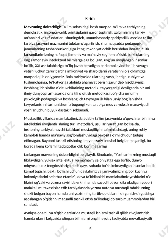 sita o‘rni chuqur tadqiq etilmagan. bayonni tashkil etishning ilmiy-nazariy asoslari belgilanmaganligi, bu borada keng ko‘lamli tadqiqotlar olib borilmaganligi tanlangan mavzuning dolzarbligini belgilaydi. binobarin, “yoshlarimizning mustaqil fikrlaydigan, yuksak intellektual va ma’naviy salohiyatga ega bo‘lib, dunyo miqyosida o‘z tengdoshlariga hech qaysi sohada bo‘sh kelmaydigan insonlar bo‘lib kamol topishi, baxtli bo‘lishi uchun davlatimiz va jamiyatimizning bor kuch va imkoniyatlarini safarbar etamiz”, deya ta’kidlanishi mamlakatimiz yoshlarini o‘z fikrini og‘zaki va yozma ravishda erkin hamda savodli bayon qila oladigan yuqori malakali mutaxassislar etib tarbiyalashda yozma nutq va mustaqil tafakkurning shakli bolgan bayon hamda uni yozishning tartib-qoidalarini o‘rganish-o‘rgatishga asoslangan o‘qitishni maqsadli tashkil etish ta’limdagi dolzarb muammolardan biri sanaladi. ayniqsa ona tili va o’qish darslarida mustaqil ishlarni tashkil qilish rivojlantirish hamda ularni kelgusida olingan bilimlarni ongli hayotiy faoliyatda muvaffaqiyatli qo’llashlari uchun zarur ko’nikma va malakalarni shakllantirish boshlang’ich ona tili ta‘limining asosiy vazifalariga aylanishi lozim. shu nuqtayi nazardan o’quv jarayonida insho, bayon, jumladan hayotiy mazmunli, ularning to’plagan tajribasiga …