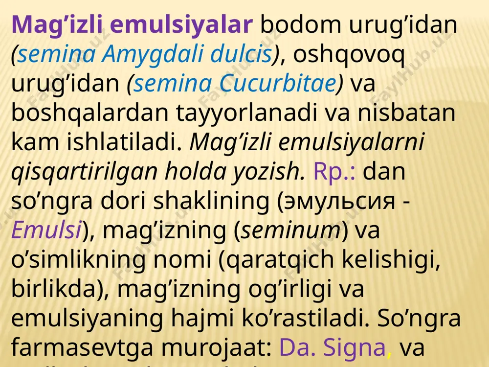 rini spirituosae 2 ml d.s. 2 tomchidan 1 chaqmoq qandga tomizilib, til ostiga qo’yilsin. misol. kordiamin eritmasi 10 ml yozib berilsin.10 tomchidan ichish uchun buyurilsin. rp.: cordiamini 10 ml d.s. 10 tomchidan ichishga buyurilsin. tindirma (tinctura) tindirma bosh kelishik birlik sonda – tinctura, qaratqich kelishik birlik sonda – tincturae. tindirmalar deb o’simliklardan tayyorlangan, ozmi-ko’pmi rangli bo’lgan, suyuq, tiniq spirtli, spirt-suvli yoki spirt-efirli ajratmalarga aytiladi. ularni tayyorlash uchun ko’proq 70% yoki 40% etil spirti qo’llaniladi, chunki unda dori tarkibidagi asosiy ta’sir etuvchi birikma yaxshi eriydi. shu bilan bir qatorda spirt yaxshi konservasiyalash xossasiga ega. shu tufayli damlama va qaynatmalarga nisbatan tindirmalar turg’un dori shakli bo’lib, xona haroratida berk idishlarda uzoq saqlash mumkin. tindirmalar ofisinal preparatlar hisoblanib, farmakopeya asosida farmasevtik korxonalarda tayyorlanadi va dorixonalarda tayyor xolatda bo’ladi. tindirmalar bo’linmagan dori shakli bo’lib, har bir qabul uchun bemor o’zi ajratib oladi. misol; td = 20 tomchi bo’lgan valeriana tindirmasiga resept yozilsin, 20 tomchidan …