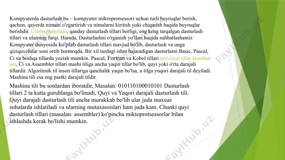 nda mashinaga moslashgan (yo'naltirilgan) belgili kodlardagi tillar hisoblanadi. belgilar kodlashtirilgan tillarning asosiy tamoyillari shundaki, unda mashina kodlari ularga mos belgilar bilan belgilanadi, hamda xotirani avtomatik taqsimlash va xatolarni tashhis qilish kiritilgan. bunday mashina moslashgan til - assembler tili nomini oldi. odatda dasturlash yuqori saviyali dasturlash tillari (delphi, java, c++, python) vositasida amalga oshiriladi. bu dasturlash tillarining semantikasi odam tiliga yaqinligi tufayli dastur tuzish jarayoni ancha oson kechadi. ko'p ishlatiladigan dasturlash tillari. biz hozir biladigan va ishlatadigan tillarning barchasi shu guruhga mansub. ular insonga "tushunarli" tilda yoziladi. ingliz tilini yaxshi biluvchilar programma kodini qiynalmasdan tushunishlari mumkin. bu guruhga fortran, algol, c, pascal, cobol va h.k. tillar kiradi(ko`pchiligi hozirda deyarli qo`llanilmaydi). eng birinchi paydo bo`lgan tillardan to hozirgi zamonaviy tillargacha ishlatish mumkin. lekin, hozirgi web texnologiya orqali ishlaydigan tillarda(php, asp.net, jsp) bunday dasturlar tuzilmaydi. chunki bunday dasturlarning ishlashi uchun yana bir amaliy dastur ishlab turishi kerak. hozirda, amaliy dasturlar, asosan, visual c++, …
