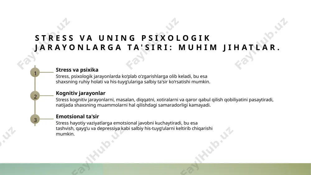 omatlikni yaxshilaydi. meditatsiya, jismoniy mashqlar va ijtimoiy qo'llab-quvvatlash stressni kamaytirishga yordam beradi. psixologik stress va uning fiziologik natijalari: o'zbekiston konteksti. 1 psixologik stress turlari o'zbekistonda psixologik stressning turli turlari mavjud. ular orasida ish, oila, va ijtimoiy muammolar stressi eng keng tarqalganidir. 2 fiziologik natijalar psixologik stress organizmda turli fiziologik o'zgarishlarga olib keladi. masalan, qon bosimi ko'tarilishi va yurak urishi tezlashishi kuzatiladi. 3 o'zbekiston madaniyati o'zbek madaniyatida stressni boshqarish uchun an'anaviy usullar, masalan, musiqiy va raqs terapiyalari keng qo'llaniladi, bu esa ruhiy holatni yaxshilaydi. 4 salomatlik ta'siri psixologik stress uzoq muddatda jismoniy salomatlikka salbiy ta'sir ko'rsatishi mumkin, xususan, yurak-qon tomir va immun tizimiga zarar etkazishi mumkin. stressning jismoniy salomatlikka ta'siri: kasalliklar va profilaktika. 1 stress va kasallik stressning yuqori darajasi jismoniy salomatlikka salbiy ta'sir ko'rsatadi, bu esa yurak-qon tomir kasalliklari va immun tizimining zaiflashishiga olib kelishi mumkin. 2 stressning belgilari stressning jismoniy belgilari bosh og'rig'i, mushak og'rig'i va uyqusizlik kabi muammolarni …
