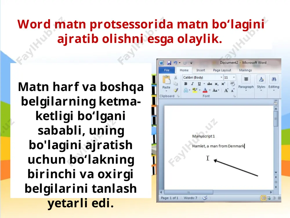 ‘rtta uskuna ro‘yxati ekranga chiqadi. to‘g‘ri to‘rtburchakli soha uskunasi - to‘g‘ri to‘rtburchak ko‘rinishidagi sohani ajratish uchun ishlatiladi. ellipssimon soha - ellips ko‘rinishidagi sohani ajratadi. gorizontal qator - piksellarning gorizontal satrini ajratish uchun xizmat qiladi. vertikal qator - piksellarning vertikal qatorini ajratish uchun ishlatiladi. soha ajratilgach, yana bir marta yangi soha ajratilsa, eski ajratilgan soha bekor qilinadi va o‘rnida yangi ajratilgan soha paydo bo‘ladi. undagi ikkinchi, uchinchi, to‘rtinchi va beshinchi tugmalar mos ravishda hech qaysi tugmani bosmasdan, shift, alt va shift+alt tugmalarini bosib turib sohani ajratishga to‘g‘ri keladi. oval ko‘rinishidagi sohalami ajratish ham shu kabi amalga oshiriladi. shuningdek, to‘rtta ajratish uskunalaridan bitta murakkab sohani ajratishda ham foydalanish mumkin. mashq sifatida quyidagi rasmdagi o‘ngdan uchinchi daraxtni ajratib olamiz va ctrl+c qo‘shtugmasi bilan nusxalab, ctrl+v qo‘shtugmasi bilan rasmga qo‘shamiz. uni surib kerakli joyga o‘tkazamiz. savol va topshiriqlar 1. tasvirni to’liq ajratib olish, ajratishni bekor qilish qanday bajariladi? 2. to‘g‘ri to‘rtburchak, oval ko‘rinishidagi soha …