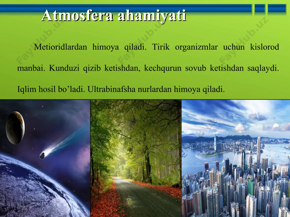 sulotlarini yetishtirilishining kamayishi, fotosintez jarayonlarining susayishini chaqiruvchi plankton va fitoplankton kabi okeanning xilma-xilligining muhim turlarining kamayishiga olib keladi. fitoplanktonlaming qisqarishi global isishga ta’sir etadi. fotokimyoviy tutun (smog) hodisasi agar yer yuzida chang g’ubor bo’lmasa inson 100 yil yashar edi. abu ali ibn sino kislotali yomg’irlar 2so2 + o2 + 2h2o → 2h2so4 4no2 + 2h2o + o2 → 4hno3 ilk bor, 1896-yilda shved ximigi arrenius: «kо’mirni yoqish natijasida atmosferaga tashlanadigan karbonat angidrid global isishga olib keladi», degan farazni aytgan havoning ifloslanishi natijasida vujudga keladigan salbiy holatlar va uning oqibatlari. havo tarkibidagi zarali chang, qurumlar, zararli gazlar kishi organizmida to’planaveradi. oqibatda teri va ko’z kasalliklari, jigar serrozi, qonbosimining ortishi, surunkali bronxit, enfizima, nafas qisish va o’pka raki kabi kasalliklarning ko’payishiga sabab bo’ladi. bolalar o’rtasida umumiy kasallanishning ortishi qayd qilingan. havoda oltingugurt oksidi ko’p bo’lishi natijasida kishilarda bronxit, gastrit kasalliklari vujudga keladi. texnologik tadbirlar atmosferaga chiqariladigan chiqindilarni kamaytirish yoki umuman to’xtatish yani …