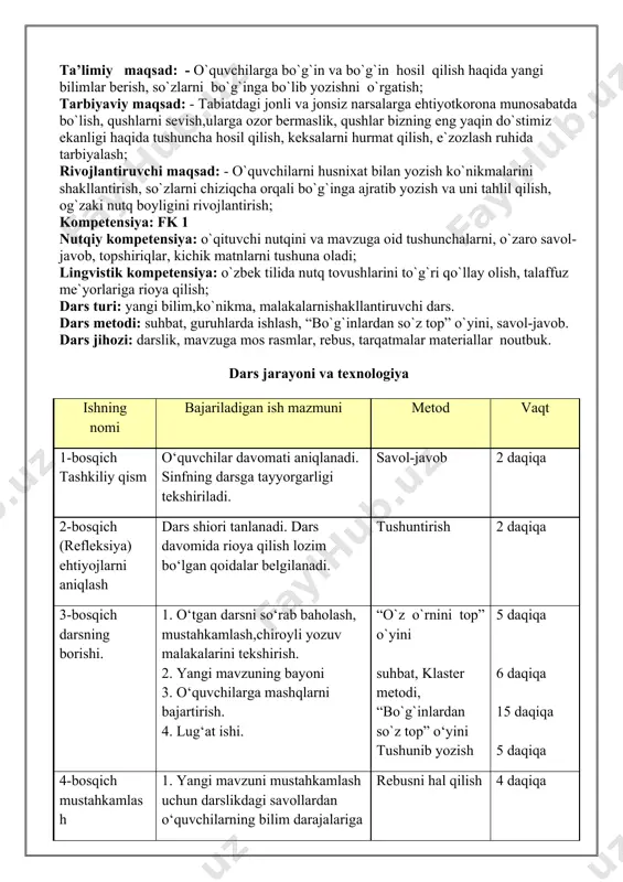 ch mustahkamlash 1. yangi mavzuni mustahkamlash uchun darslikdagi savollardan o‘quvchilarning bilim darajalariga qarab boshqa savollardan ham foydalanadi. 2. rebus hal etiladi. rebusni hal qilish muammoni izlanish 4 daqiqa 2 daqiqa 5-bosqich baholash darsni yakunlash o‘quvchilarning darsda ishtiroki hisobga olinib, reytinggi e`lon qilinadi. dars yakunlash.uy vazifasini berish. ball qo‘yish, taqdirlash. topshiriq berish, tushuntirish. 2-daqiqa 2- daqiqa i.tashkiliy qism: (o`quvchilar bilan salomlashish). o`qituvchi: salom mening aziz o`quvchilarim, ham mehribon, qadrdonlarim. davomatni aniqlash: kim sinfda navbatchi, har narsadan xabarchi? (sana, hafta kuni, faslni aniqlash.q`ish faslining tarovati haqida ko`rgazmalar) qishda tabiatda qanday o`zgarishlar bo`ladi? -hammayoq oq choyshabga burkanadi; -daraxtlar oq libos kiyadi; -qushlar issiq o`lkalarga uchib ketadi; “faol tadbirkorlik, innovatsiyon g`oyalar va texnologiyalarni qo`llab - quvvvatlash yili” nechanchi yil bo`lgan edi? bizning shiorimiz: bilagi zo`r birni yiqar bilimi zo`r mingni. -bolalar, hozir darsimizning nomi nima? · ona tilim jon-u dilim, sen-la olay koni ilm. maqsadimiz: -chuqur bilim egasi bo`lib, yurtimga, xalqimga sodiq farzand bo`lish. …