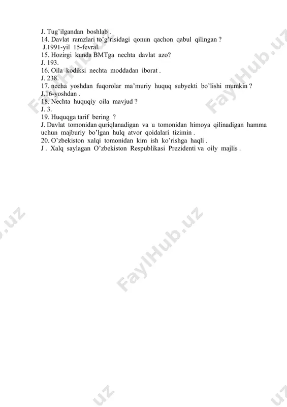 riqlanadigan va u tomonidan himoya qilinadigan hamma uchun majburiy bo’lgan hulq atvor qoidalari tizimin . 20. o’zbekiston xalqi tomonidan kim ish ko’rishga haqli . j . xalq saylagan o’zbekiston respublikasi prezidenti va oily majlis .