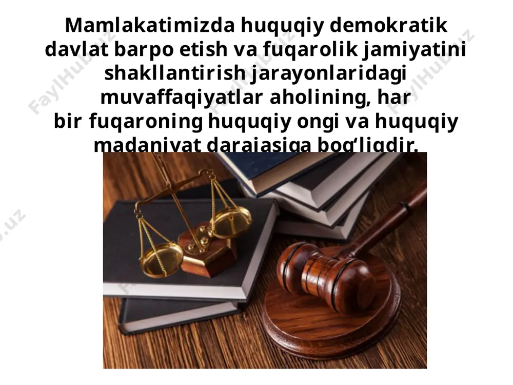 zimligi ta'kidlanadi. davlat organlari, jamoat va fuqarolik jamiyatlari institutlari hamkorlikda jamiyatda huquqiy ong va huquqiy madaniyatni yuksaltirish bo‘yicha amalga oshirishlari lozim bo‘lgan ishlar ham farmonda belgilab berilgan. jamiyatda huquqiy ong va huquqiy madaniyatni yuksaltirish “shaxs – oila – mahalla – ta'lim muassasasi – tashkilot– jamiyat” prinsipi bo‘yicha tizimli va uzviy tashkil etilishi ham farmonda belgilab qo‘yilgan. jamiyatda huquqiy ong va huquqiy madaniyatni yuksaltirish sohasida muvofi qlashtiruvchi davlat organi etib o‘zbekiston respublikasi adliya vazirligi belgilangan. farmonda o‘zbekiston respublikasi maktabgacha ta'lim, xalq ta'limi, oliy va o‘rta maxsus ta'lim vazirliklari, adliya vazirligi bilan birgalikda tarbiyalanuvchilar, o‘quvchilar va talabalarning huquqiy savodxonligini oshirishga qaratilgan mexanizmlar joriy etish borasidagi chora-tadbirlar belgilangan. huquqiy ta’lim, tarbiya, targ‘ibot, tashviqot borasidagi davlat tomonidan yaratilgan shart-sharoitlardan unumli foydalanish va o‘z huquqiy ongi ni o‘stirib, huquqiy madaniyatini shakllantirish mamlakatimizning har bir fuqarosining burchidir. savol va topshiriqlar: 1. huquqiy ong nima? 2. huquqiy madaniyat deganda nimani tushunasiz? uning inson hayotida qanday ahamiyati bor? …