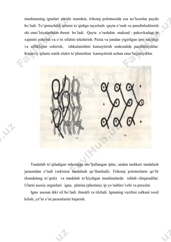 tuzilishi o’ni elementar zvenolarini shakli va kattaligi, ularni o’zaro joylashishi bilan belgilanadi, sho’ sababli o’rilishni to’ri mo’xim axamiyatga ega. o’rilish to’riga qarab polotnoni tashqi ko’rinishi va fizik-mexaniqi xossalari o’zgaradi. tri-kotaj o’rilishlari quyidagi go’ro’xlarga bulinadi: 1) bosh; 2) xosila; 3) ko’rama; 4) go’lli. i. bosh o’rilishlarni elementar zvenolari bir xil shaklda bo`ladi, bularga quyidagilar kiradi: glad, lastik, zanjir, triko, atlas va boshka. glad .o’rilishli polotnoni yo’za sirti xalka taekchalaridan tashkil topgan. sho’ sababli trikotajni yo’zi sillik va tekis bulib, xalka o’sto’nchalari yakkol ko’rinadi. orka tomoni esa eylardan tashkil topadi. glad o’rilishidagi polotno juda oson eyilib ketadi; buralib ketish kobiliyatiga ega. buralish trikotajni pardozlash, bichish va tikish jaraenlarini kiyinlashtiradi. bu o’rilish sport, choyshabbop va o’stki buyumlar uchun ishlatiladigan polotnoda qo’llanadi. lastik .o’rilishida yo’za va orka xalkalari almashib joylashadi. ammo polotnoni o’ngi xam, chapi xam bir xil bulib, xalka taekchalaridan tashkil topadi. yo’za va orka xalkalarni almashib joylashish tartibi xar xil bulishi mumkin …