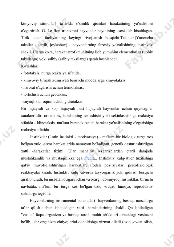 ganizm va boshqa atrof -muhit ob'ektlari o'rtasidagi vositachi bo'lib, ular organizm ehtiyojlarini qondirishga xizmat qiladi (oziq -ovqat olish, qulay muhitni ta'minlash, muloqot, tajovuzkorlik va boshqalar). haqida o'rgatishyuqori asabiy faoliyat i.p. pavlova. miya rivojlanishi bilan individual xatti -harakatni in vivo o'zgartirish mumkin bo'ladi, buning natijasida instinktlarga asoslangan xatti -harakatlarning umumiy asosi sezilarli darajada optimallashtiriladi. bu jarayon i.p. pavlov (1849-1936) yuqori asabiy faoliyat haqidagi ta'limotida. i.m.ning g'oyalariga asoslanib. sechenov tashqi stimullarning signalizatsiya funktsiyasi haqida, i.p. pavlov xulq -atvor birliklarini tashqi muhitdan ma'lum (shartsiz) ogohlantirishlarga javoban paydo bo'ladigan shartsiz, tug'ma reflekslar deb hisoblashni taklif qildi va dastlab befarq qo'zg'atuvchidan keyin paydo bo'lgan shartli reflekslar shartsiz bilan bog'liq. refleks (lat. reflexus - aks ettirilgan) - tashqi yoki ichki muhitning ma'lum bir omilining analizatoriga ta'siri tufayli tirik organizmning javobi bo'lgan ruhiy aks etish shakli. bu mushaklarning qisqarishi, sekretsiya ajralishi va boshqalarda namoyon bo'ladi. ta'sir mexanizmlari haqida asosiy qoidalar refleks r. descartes tomonidan ishlab chiqilgan. i.p …