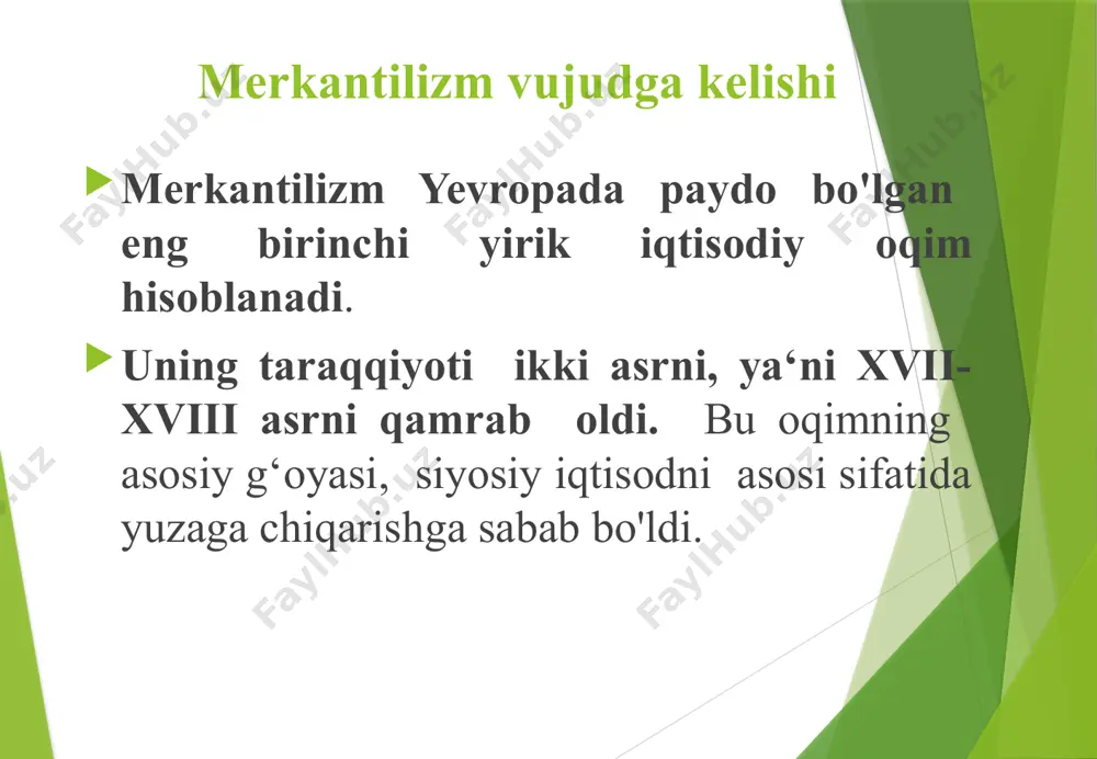 tovar bo`lishi mumkin). chet ellik savdogarlarni esa sotilgan mol pulining hammasiga yangi tovar sotib olishga majbur qilingan (pul olib chiqib ketmasliklari uchun). bu siyosat nazorat kuchli bo`lishini talab etgan, tashqi iqtisodiy aloqalarning rivojini susaytirgan. merkantilizmni qisqacha qilib quyidagicha ta'riflash mumkin iqtisodiy siyosatda: mamlakatda va davlat xazinasida imkoni boricha nodir metallarni (oltin, kumush, javohir, va durlarni) ko`proq to`plash; nazariya va ta'limotda: savdo, pul oboroti, ya'ni muomala sohasida iqtisodiy qonuniyatlarni izlab topish. ilk merkantilizm davrida ilk merkantilizm davrida chaqalar ataylab ishdan chiqarilgan, chunki bu pullar bilan faqat ichki savdo oborotini olib borish mumkin (tashqi savdoda esa mumkin emas),maqsad-pulni mamlakatda saqlab qolish. siyosiy iqtisod traktati merkantilizm bilan birga siyosiy iqtisod tushunchasi ham kirib keldi. bu tushuncha fransiyalik antuan monkretyen tomonidan kiritildi (1565-1621). u 1615 yilda " siyosiy iqtisod traktati " kitobini yozdi. bundagi asosiy g`oya - "ko`p sotishu, kam sotib olish". davlatning iqtisodiyotga faol aralashuvi u davlatning iqtisodiyotga faol aralashuvini jamg‘armani ko‘paytirishning, mamlakat …