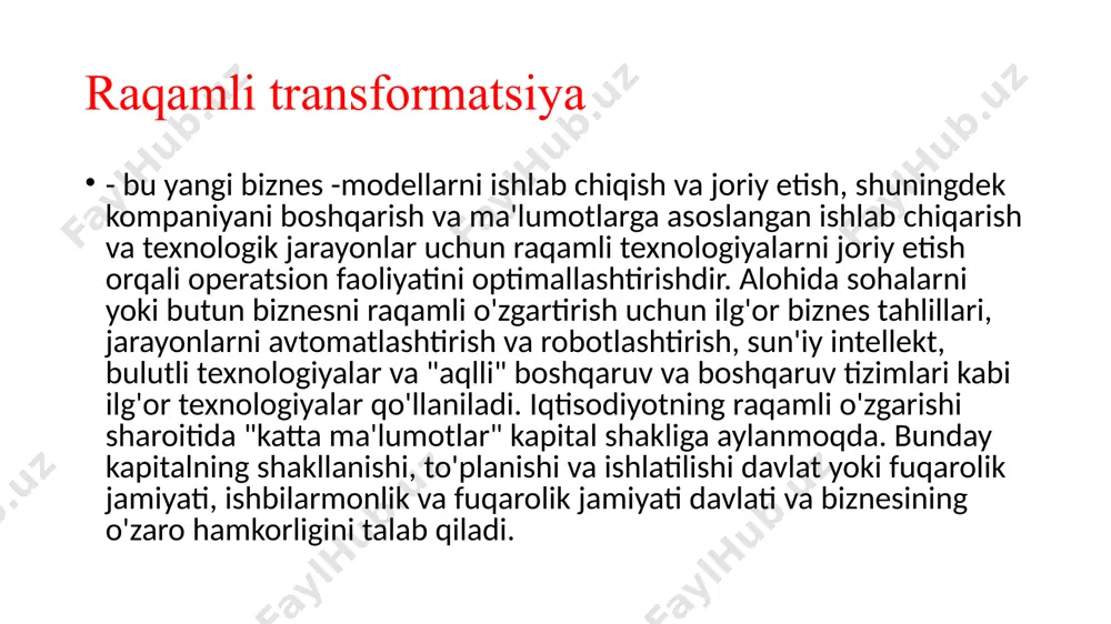 ishi va yaratilishi ish o’rinlarining yangi ko’rinishi savdo perspectivini o’zgartishi ayniqsa xizmatlarni mehnat huquqlarini qayta ko’rib chiqish savdo kelishuvlarini qayta tekshirib chiqish yangi biznes model texnologiyalarining va mahsulot platformalarini paydo bo’lishi raqamli iqtisodiyot savdo-sotiqlar elektron shaklda va chegaralarni oson kesib o’tadi joylashuv joyini, tashkilotni va ish bilishni mazmunini vujudga keltirish. asosiy iqtisodiy faoliyatlarning investitsiya, savdo va foyda sifatida o’lchashning ta’sir qilishi innovatsiyaning va ishlab chiqarishning dinamikasi va joylashuvi rivojlanayotgan davlatlarga kelajakda ta’sir qilishi innovatsiya va ishlab chiqarish joylarini o’zgartirish tashkilotlar sanoatini va turli xilda rivojlangan sanoatlar va mahsulot kategoriyalaridagi raqobat qoidalarini o’zgartirish raqamli transformatsiyalar: malaka va ish raqamli transformatsiya ict mutaxasislarining malakasi umumiy ict malakasi yetarli it malakasi va ishlarning talab qilinishi nimani o’rganish va qanday o’rganish ta’lim o’zgarishi ilm-fan, texnologiya, enjineriya va matematika biznes insoniyat ictning bazis malakasi muommaga yechim topish va kommunikatsiya malakasi raqamli o’zgarish tavakklachilik va ,muommolar raqamli xavfsizlik, maxfiylik, ishonch b2c va b2b iqtisodiyotni almashish standartlar …