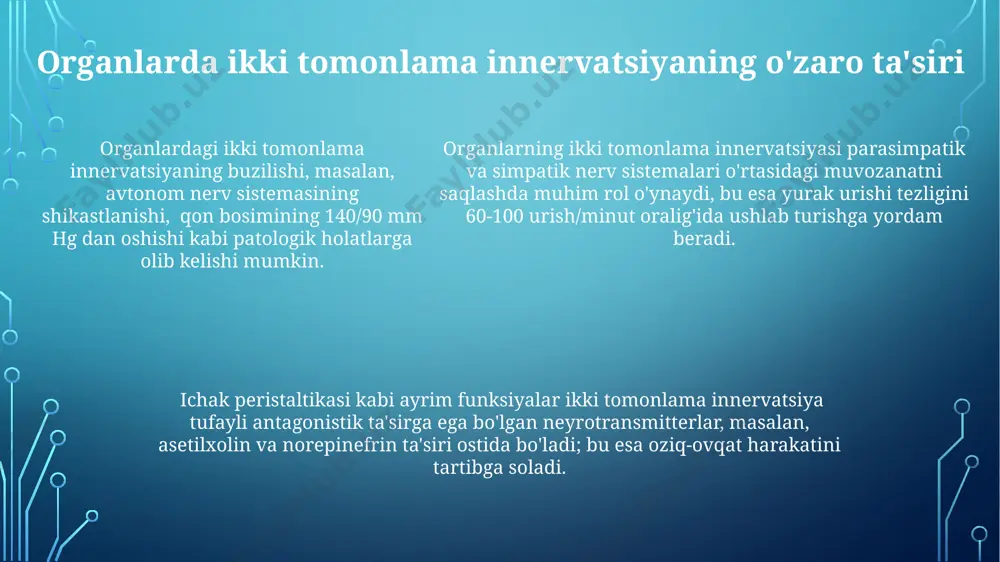 adi, bu jarayon 20 dan ortiq neyrotransmitterlarni o'z ichiga oladi va ovqat hazm qilishning har xil bosqichlarida turlicha ta'sir ko'rsatadi. ichak devoridagi enterik nerv tizimi (ens) 100 milliondan ortiq neyronlarga ega bo'lib, ovqat hazm qilishning mahalliy reflekslarini boshqaradi va markaziy nerv tizimi bilan ikki tomonlama bog'langan. me'da-ichak traktining harakatlanishi va sekretsiyasi 10 dan ortiq turli reseptorlar orqali tartibga solinadi va simpatik innervatsiya odatda peristaltikani susaytiradi, parasimpatik esa kuchaytiradi. e'tiboringiz uchun rahmat @taqdimot_robot image1.png image2.png image3.png image4.png image5.png
