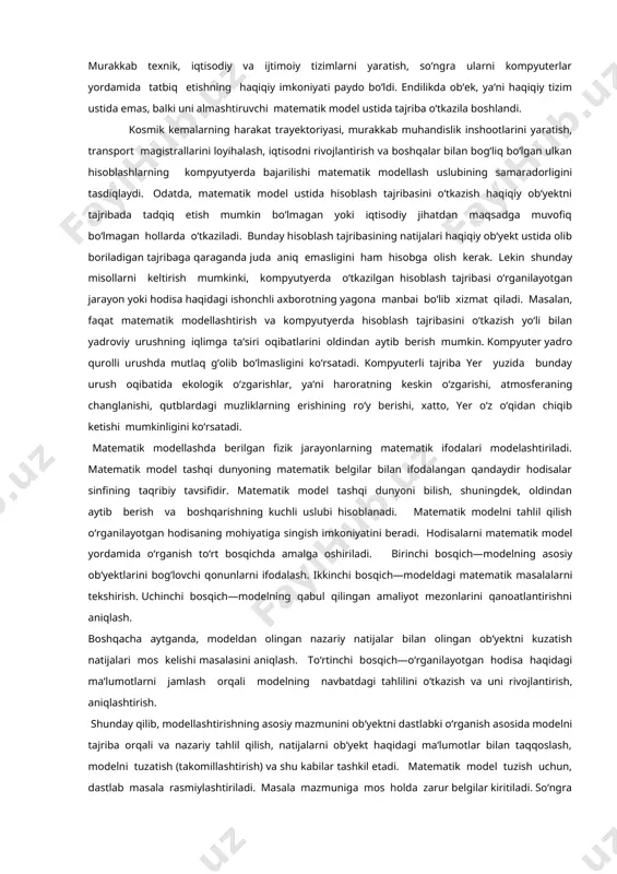 netik apparatga ta‘sir qilish, mikroblar yuqtirish, ba‘zi organlarni olib tashlash yoki ular faoliyati mahsuli bo‘lgan garmonlarni kiritish va boshqa usullar qo‘llaniladi. bunday modellarda genetika, fiziologiya, farmakologiya sohasidagi bilimlar tadbiq qilinadi. 4. fizik-kimyoviy modellar biologik tuzilish, funksiya yoki jarayonlarni fizik yoki kimyoviy vositalar bilan qaytadan hosil qilishdir. 5. iqtisodiy model taxminan xviii asrdan qo‘llanila boshlandi. f.kenening ‗‘iqtisodiy jadvallar‘‘ ida birinchi marta ijtimoiy takror ishlab chiqarish jarayonini ko‘rsatishga harakat qilingan. iqtisodiy tizimlarning turli faoliyat yo‘nalishlarini o‘rganish uchun har hil modellaridan foydalaniladi. iqtisodiy taraqqiyotning eng umumiy qonuniyatlari xalq ho‘jaligi modellari yordamida tekshiriladi. turli murakkab ko‘rsatkichlar, jumladan, milliy daromad, ish bilan bandlik, iste‘mol, jamg‘armalar, investisiya ko‘rsatkichlarining dinamikasi va nisbatini tahlil qilish, uni oldindan aytib berish uchun katta iqtisodiy modellar qo‘llaniladi. aniq ho‘jalik vaziyatlarini tekshirishda kichik iqtisodiy tizimlardan, murakkab iqtisodiy tizimlarini tekshirishda, asosan, matematik modellardan foydalaniladi. matematik modellar tirik organizmlarning tuzilishi, o‘zaro aloqasi, vazifasiga oid qonuniyatlarning matematik va mantiqiy-matematik tavsifidan iborat bo‘lib, tajriba ma‘lumotlariga ko‘ra …