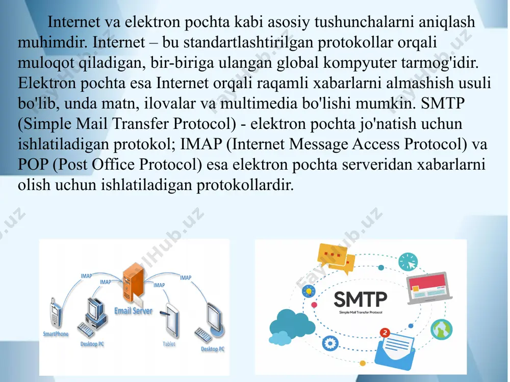 gi iqtisodiy dasturning eng muhim ustuvor yo‘nalishlariga bag‘ishlangan 2013-yil 18-yanvardagi hukumat majlisida prezidentimiz islom karimov mamlakatda «elektron hukumat» tizimini shakllantirish konsepsiyasi va kompleks dasturini ishlab chiqish muhimligini qayd etib o‘tgandi. 1990-yillarning boshida, internetning jamoatchilikka ochilishi va uning kengayishi bilan elektron pochta yanada ommalashdi. ushbu davrda ko'plab kompaniyalar va tashkilotlar o'z ichki va tashqi aloqa vositasi sifatida elektron pochtani qabul qila boshladilar. internetning rivojlanishi bilan birga, elektron pochtaning funksiyalari ham kengaydi. bugungi kunda foydalanuvchilar nafaqat matnli xabarlar, balki fayllar, rasmlar va hatto videolarni ham yuborishlari mumkin.yaqin yillarda, mobil qurilmalar va smartfonlarning keng tarqalishi elektron pochtani ishlatishda o'zgarishlarga olib keldi. foydalanuvchilar har qanday joyda va istalgan vaqtda o'z elektron pochtalarini tekshirish imkoniyatiga ega bo'lishdi. bu holat elektron pochta xizmatlarining mobil versiyalarining rivojlanishini talab qildi va ko'plab xizmat ko'rsatuvchi kompaniyalar, jumladan google va microsoft, ushbu yo'nalishda yangiliklar kiritishga kirishdi. hozirgi kunda elektron pochta nafaqat shaxsiy aloqa, balki biznes va marketing sohalarida ham muhim …