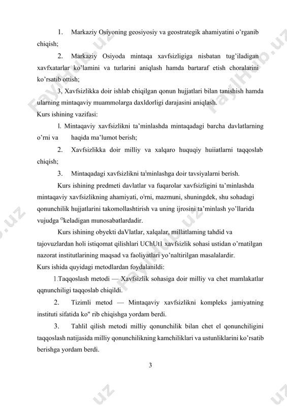 ib berishga yordam berdi. 4. sintez qilish metodi yordamida xavfsizlik sohasining yo’lga qo’yilganligi mintaqadagi muammoli masalalarni ko’rib chiqishga yordam berdi. kurs ishi tuzilishi va hajmi. kurs ishi ikki bobdan iborat bo’lib, birinchi bobda markaziy osiyo mintaqasi haqida atroflicha ma’lumot ‘berib o’tish bilan birga xavfsizlik tushunchasiga izohlar keltirib o’tilgan. ikkinchi bob markaziy osiyodagi mintaqaviy xavfsizlik masalalari va unda davlatlarning tutgan o’rni, shuningdek, mintaqaviy va xalqaro tashkilotlarning ishtiroki hamda mintaqaga nisbatan tashqi tajovuzlarning o’rni haqida information va tahliliy ma’lumotlar keltirib o’tilgan. shuningdek, xavfsizlikni ta’minlashda davlatlaming roli haqida tavsiyalar berilgan. 1. bob. markaziy osiyo mintaqasining ahamiyati va xavfsizlik masalalari 1,1. markaziy osiyo mintaqasining geosiyosiy ahamiyati. markaziy osiyoning qaytadan vułudga kelishi insoniyat oxirgi o’n-o’n besh yil mobaynida boshdan kechirgan ko’plab dramatik o’zgarishlar va keskin burilishlar orasida, shubhasiz, eng muhimlari qatorłga kiradi. mintaqą asriy siyosiy yo’qpikdan qaytdi va yana bir bor xalqaro hayotning muhim tarkibiy hismi sifatida namoyon bo’ldi. boz ustiga, u bugungi kunda jahon …
