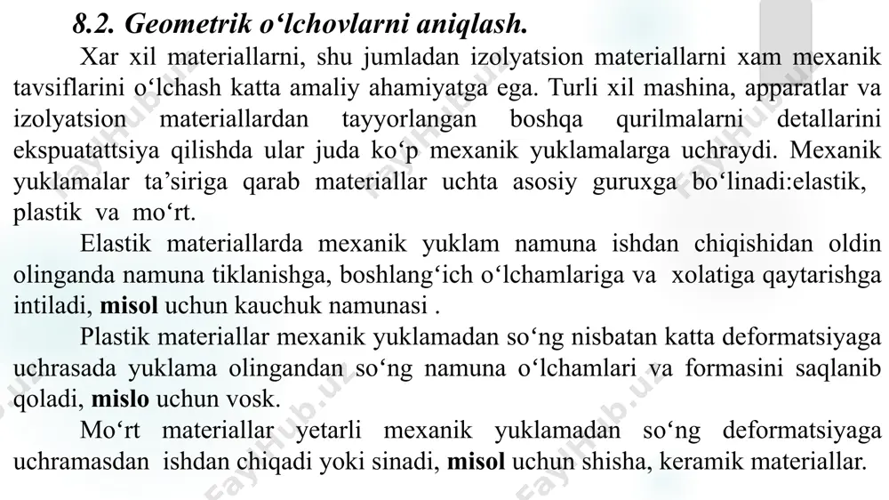 ik chegarasi quyidagi formula bilan aniqlanadi: σi = 8 pi ℓ d / π (d4 – d4) pi – namunani eguvchi kuch, (nyuton); ℓ - asoslar orasidagi masofa, (m); d va d – trubkani tashqi va ichki diametri, (m). image6.png image7.png image2.png image3.png image4.png image5.png /docprops/thumbnail.jpeg
