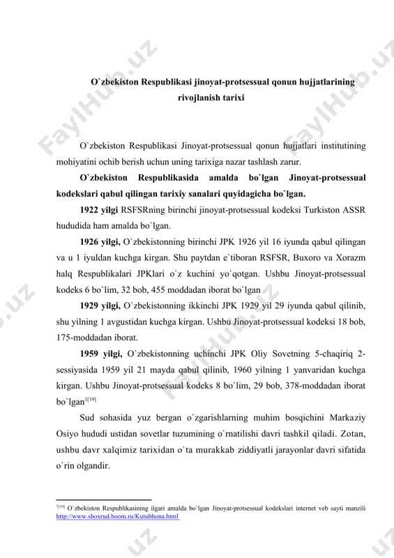 rkaziy osiyo hududi ustidan sovetlar tuzumining o`rnatilishi davri tashkil qiladi. zotan, ushbu davr xalqimiz tarixidan o`ta murakkab ziddiyatli jarayonlar davri sifatida o`rin olgandir. turkiston respublikasi rsfsr tarkibiga kirib, rsfsrda amalda bo`lgan qonunlar o`lkamiz hududidagi sudlov amaliyotiga joriy etilar edi. 1922 yilda qabul qilingan rsfsrning birinchi jinoyat-protsessual kodeksi shular jumlasidandir. mazkur kodeksning amaliy faodiyatga kiritilishining muhim ahamiti shunda ediki, unda ilk bor sudlov tizimi hamda uni yuritishda ishtirok etuvchi subyektlar o`rtasida vujudga keladigan va kechadigan protsessual munosabatlar muayyan bir tizimga solindi. chunki bunga qadar, yuqorida qayd etilganidek, sudlov tizimida bir-birini takrorlovchi, protsessual tartiblarning xilma-xilligi, protsessual kafolatlar masalasini turli darajada hal qilinganligini kuzatish mumkin. turkistonga ham joriy etalgan rsfsrning 1922 yildagi jpkga taalluqli ijobiy xususiyat unda ilgari surilgan g`oya: nulla poena sine 1yegye, buning ma`nosi agar, qonun bilan belgilanmagan bo`lsa, demak, bunday harakat na jinoyat hisoblanadi, na shunday harakatni qilgai shaxsni jazolash mumkin. biroq ushbu kodeks jinoyat qonunchiligini qiyoslash asosida qo`llash, dastlabki …