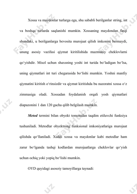 ni amalga oshirishga imkon beruvchi berilgan va funksiyalarni qo‘shadi. ajdod sinfdagi himoyalangan berilgan-a’zolarga va funksiya-a’zolarga ajdod sinfda murojaat qilish mumkin bo‘ladi. bundan tashqari, hosilaviy sinfda ona sinf funksiyalari qayta aniqlanishi mumkin. demak, vorislik asosida bir-biri bilan “ona-bola”munosabatidagi sinflar shajarasini yaratish mumkin. tayanch sinf termini sinflar shajarasidagi ona sinf sinonimi sifatida ishlatiladi. agar obyekt o‘z atributlarini (berilgan-a’zolar va funksiya-a’zolar) faqat bitta ona sinfdan vorislik bilan olsa, yakka (yoki oddiy) vorislik deyiladi. agar obyekt o‘z atributlarini bir nechta ona sinflardan olsa, to‘plamli vorislik deyiladi. polimorfizm – bu kodning, bajarilish paytidan yuzaga keladigan holatga bog‘liq ravishda o‘zini turlicha amal qilish xususiyatidir. polimorfizm faqat obyektlar xususiyati bo‘lmasdan, balki funksiya-a’zolar xususiyatidir va ular xususan, bitta nomdagi funksiya-a’zo vositasida har xil turdagi argumentlarga ega, bajaridagan amali unga uzatiladigan argumentlar turiga bog‘liq bo‘lgan funksiyalar turkumidan foydalanish imkoniyatida namoyon bo‘ladi. bu holatga funksiyalarni qayta yuklash deyiladi. polimorfizm amallarga ham qo‘llanishi mumkin, ya’ni amal mazmuni (natijasi) operand (berilgan) turiga …